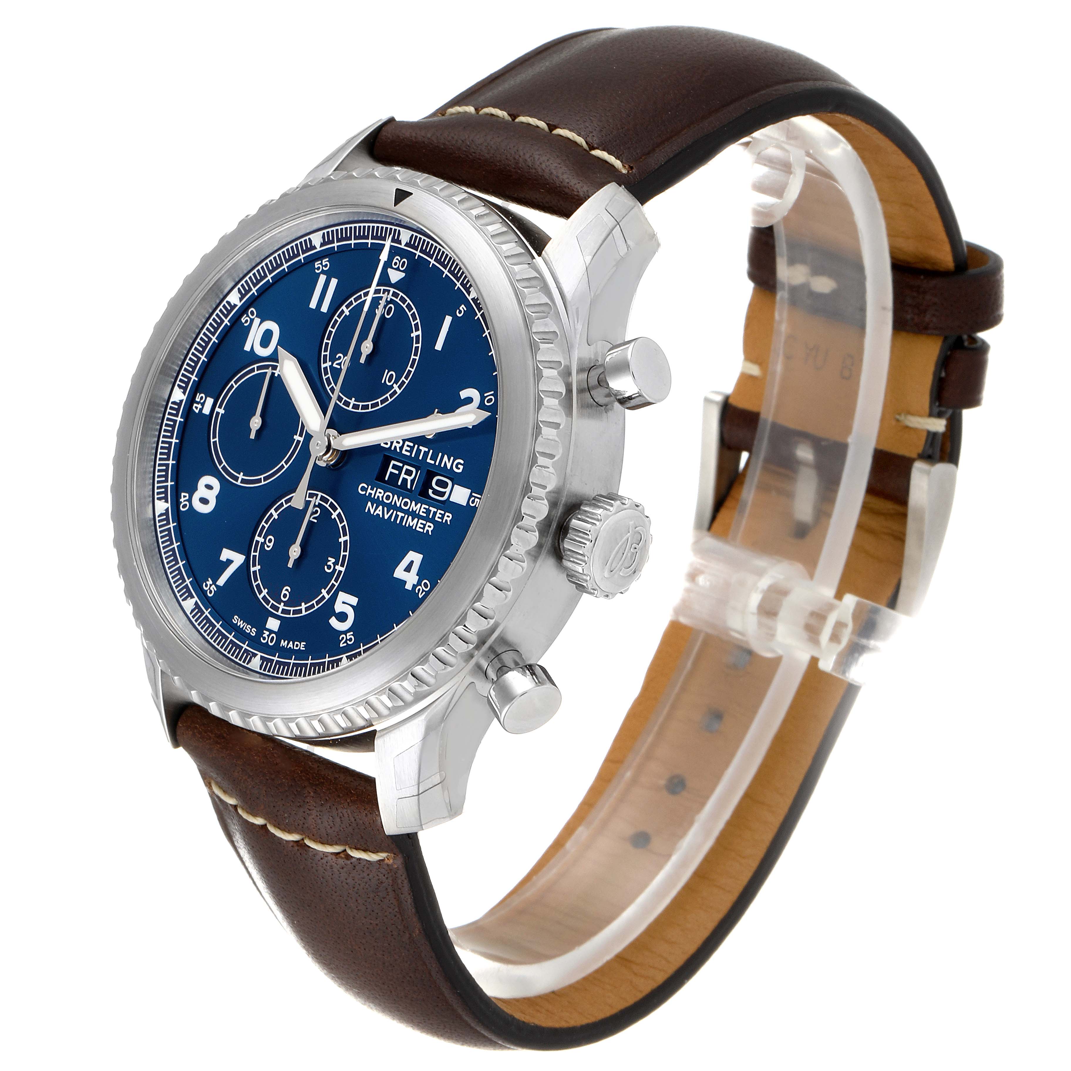 This is a Breitling Navitimer A13314101C1X2 Men's Stainless Steel Blue Dial A13314101C1X2 Men's Stainless Steel Blue Dial watch showcasing its face, crown, pushers, and brown leather strap at a three-quarter angle.