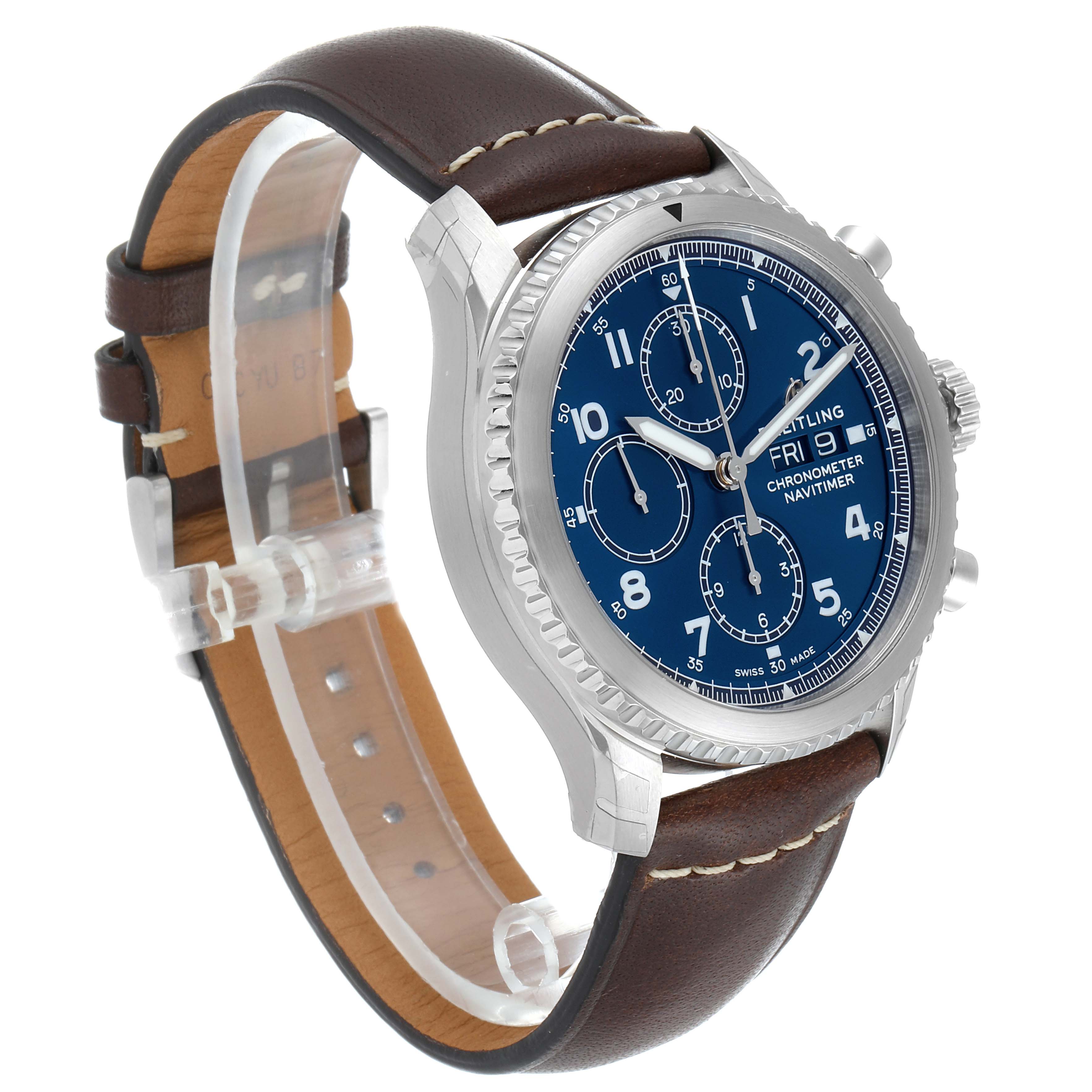 The Breitling Navitimer A13314101C1X2 Men's Stainless Steel Blue Dial A13314101C1X2 Men's Stainless Steel Blue Dial watch is shown at a slight side angle, highlighting the blue dial, chronograph subdials, and brown leather strap.