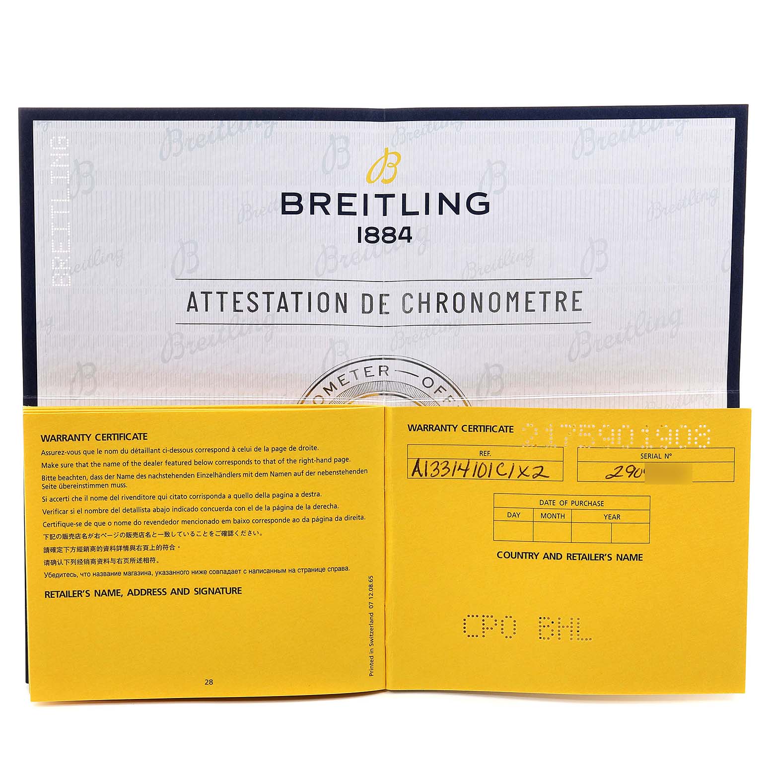 The image shows an open warranty certificate for a Breitling Navitimer A13314101C1X2 Men's Stainless Steel Blue Dial A13314101C1X2 Men's Stainless Steel Blue Dial watch.