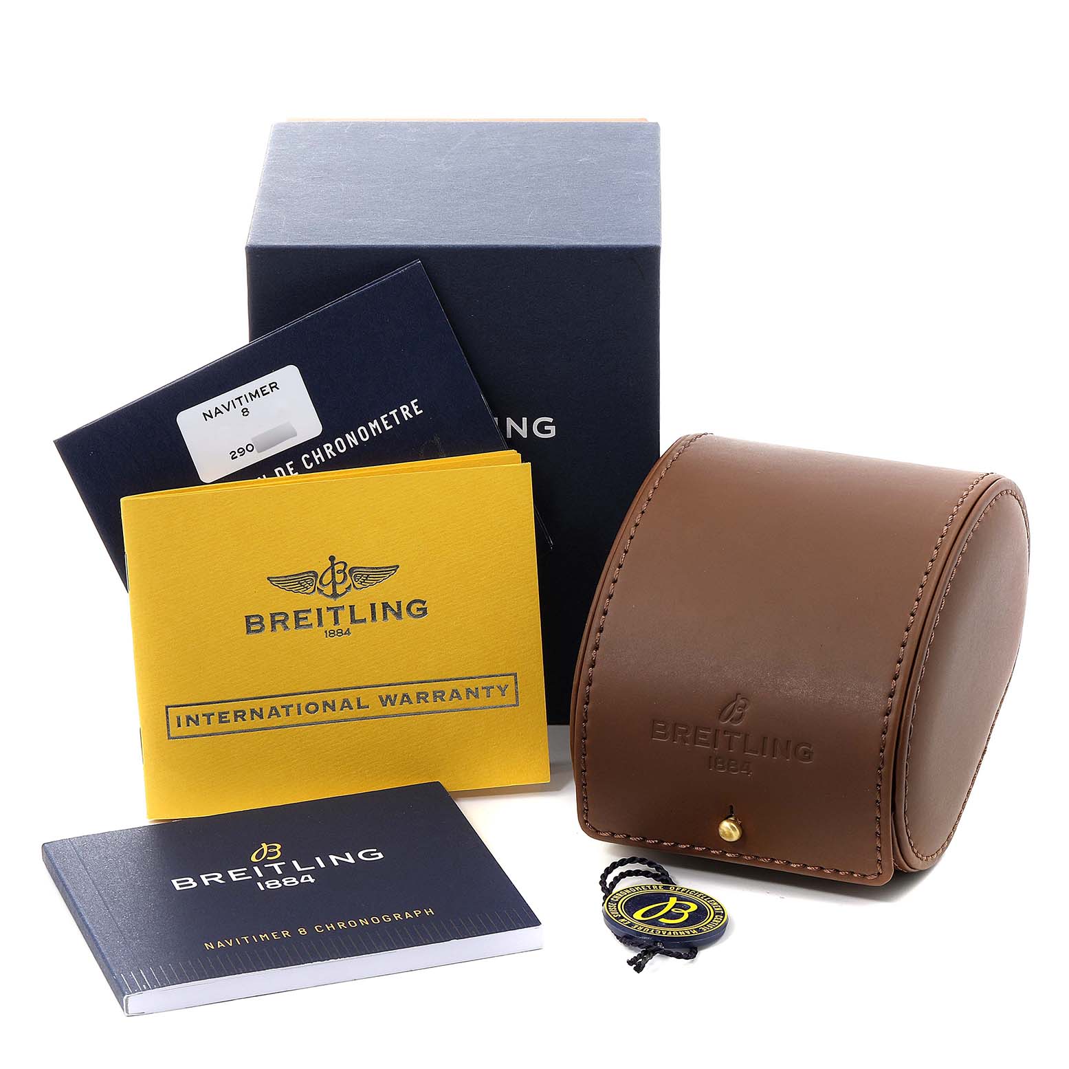 The image shows the packaging, warranty booklet, chronometer certificate, and leather case for the Breitling Navitimer A13314101C1X2 Men's Stainless Steel Blue Dial A13314101C1X2 Men's Stainless Steel Blue Dial model watch.