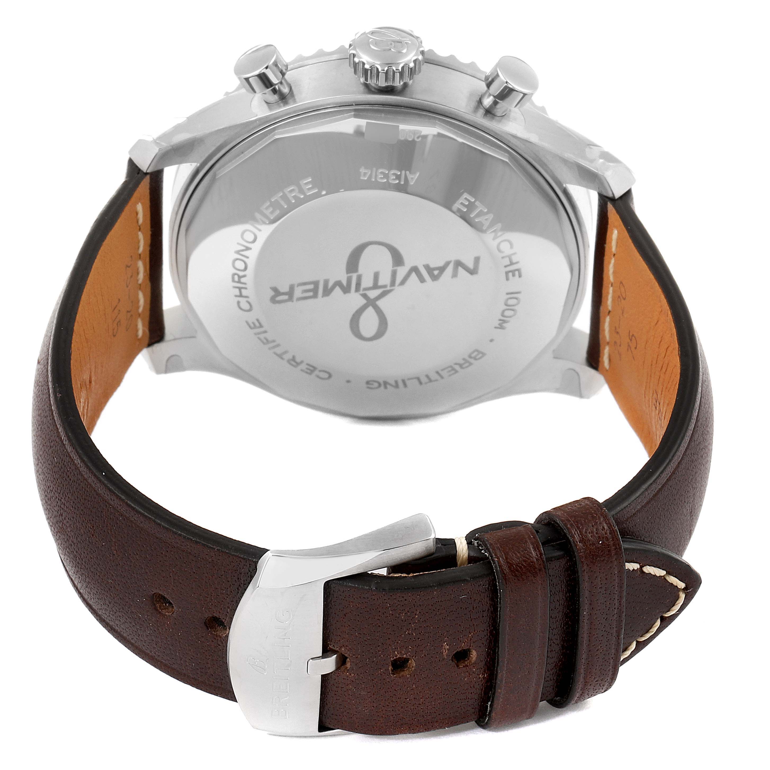 The image shows the back of a Breitling Navitimer A13314101C1X2 Men's Stainless Steel Blue Dial A13314101C1X2 Men's Stainless Steel Blue Dial watch with a leather strap and close-up of the clasp.