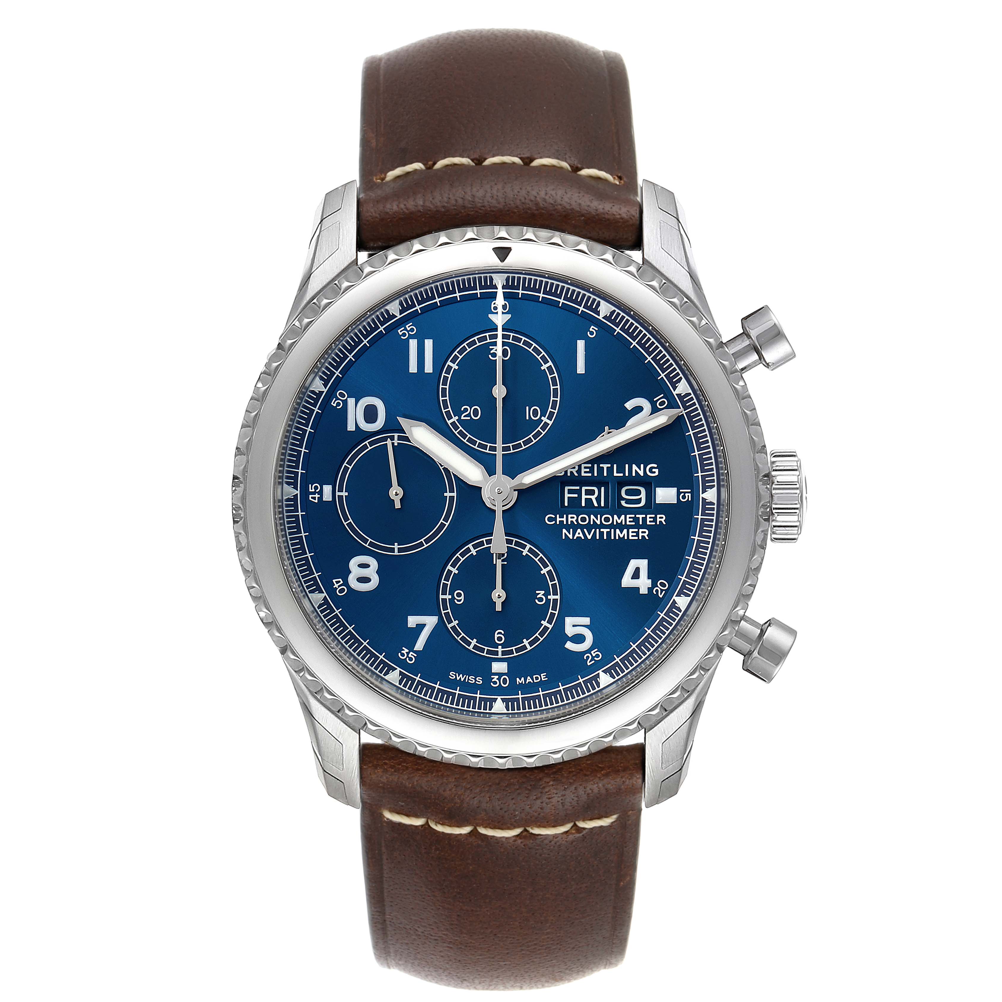 The Breitling Navitimer A13314101C1X2 Men's Stainless Steel Blue Dial A13314101C1X2 Men's Stainless Steel Blue Dial watch is shown in a head-on angle, displaying its blue dial, chronometer functions, and brown leather strap.