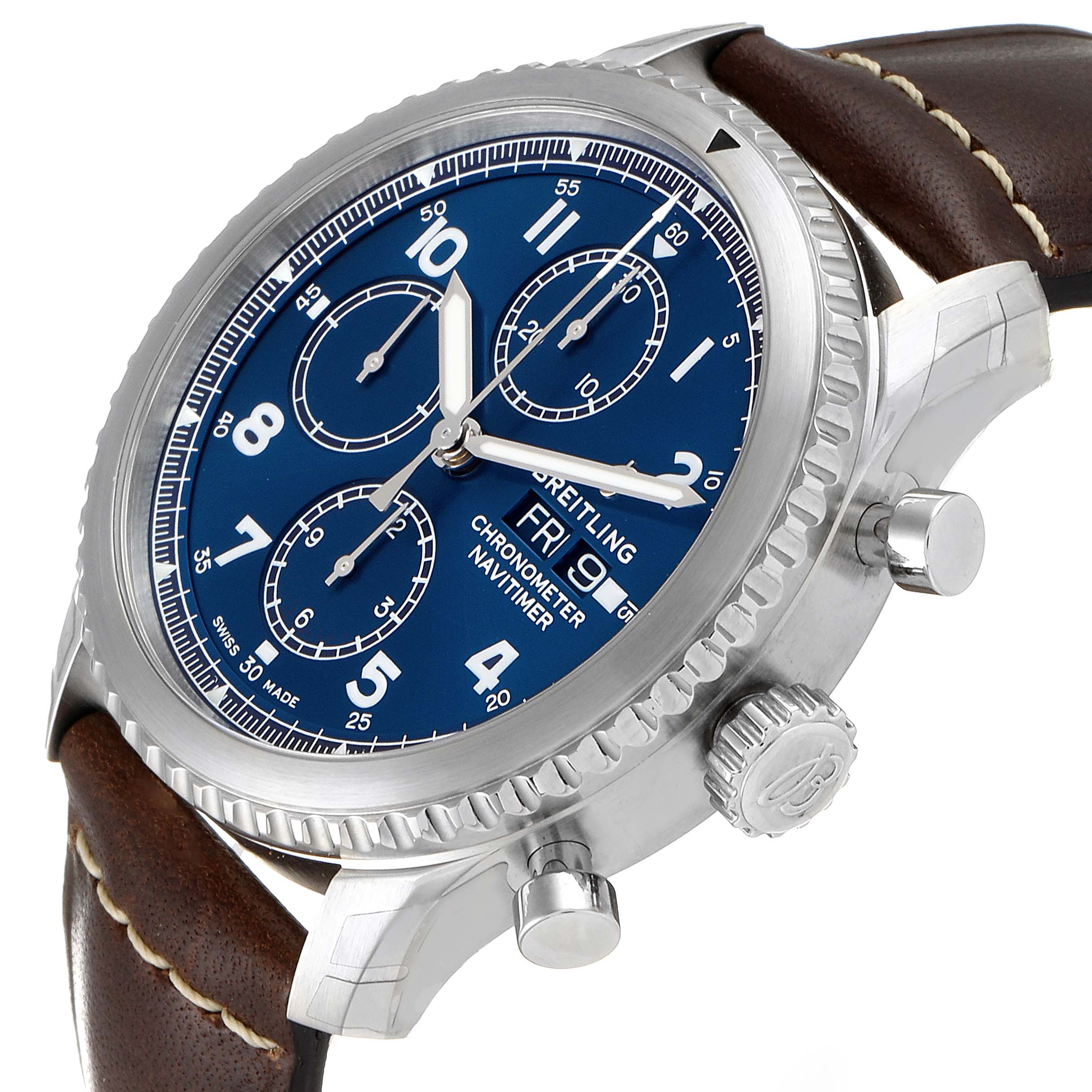 The image shows a Breitling Navitimer A13314101C1X2 Men's Stainless Steel Blue Dial A13314101C1X2 Men's Stainless Steel Blue Dial watch with a blue dial, chronograph subdials, and a brown leather strap, viewed at a slight angle.