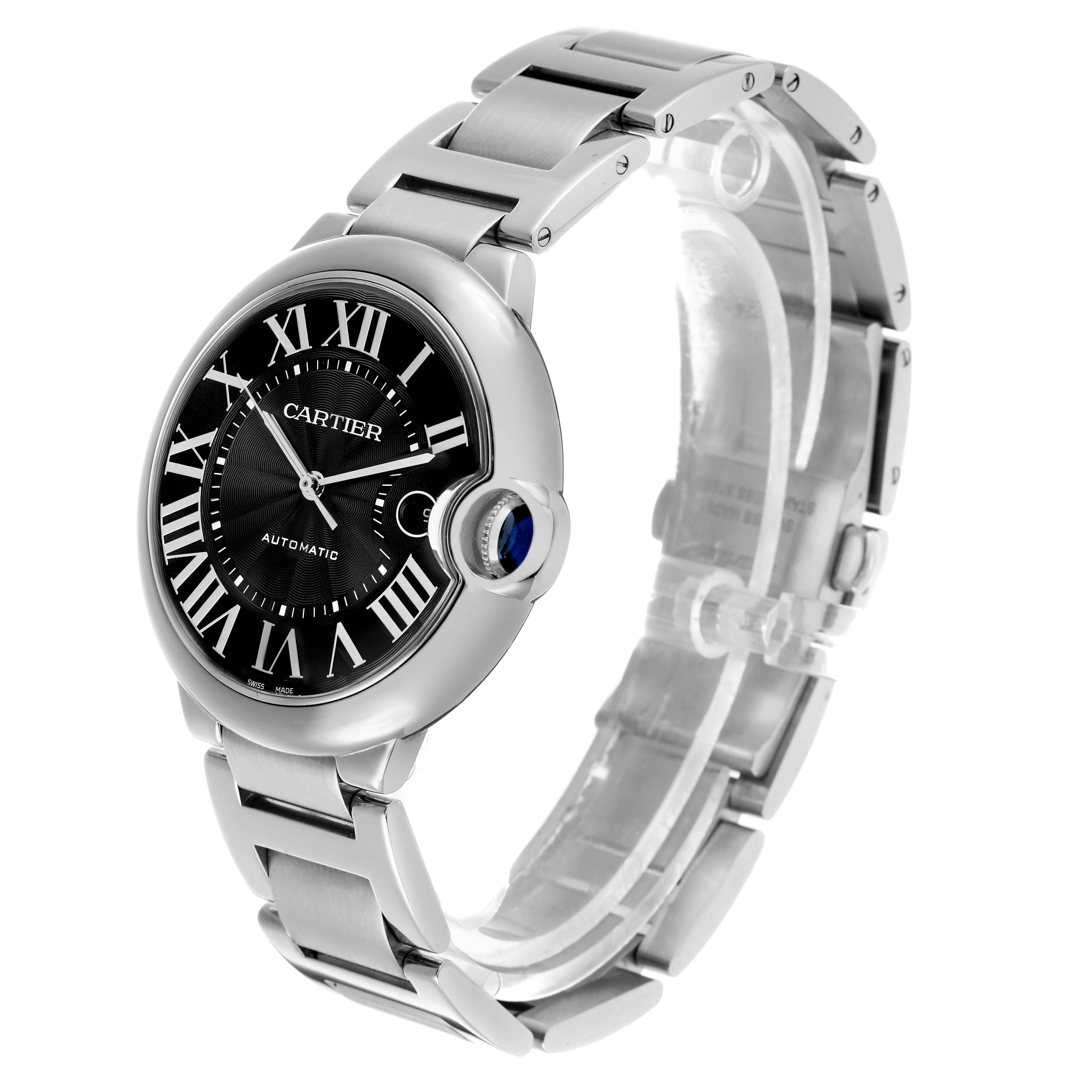 The image shows a Cartier Ballon Bleu W6920042 Men's Stainless Steel Black Dial watch at a three-quarter angle, highlighting the face, crown, and metal bracelet.