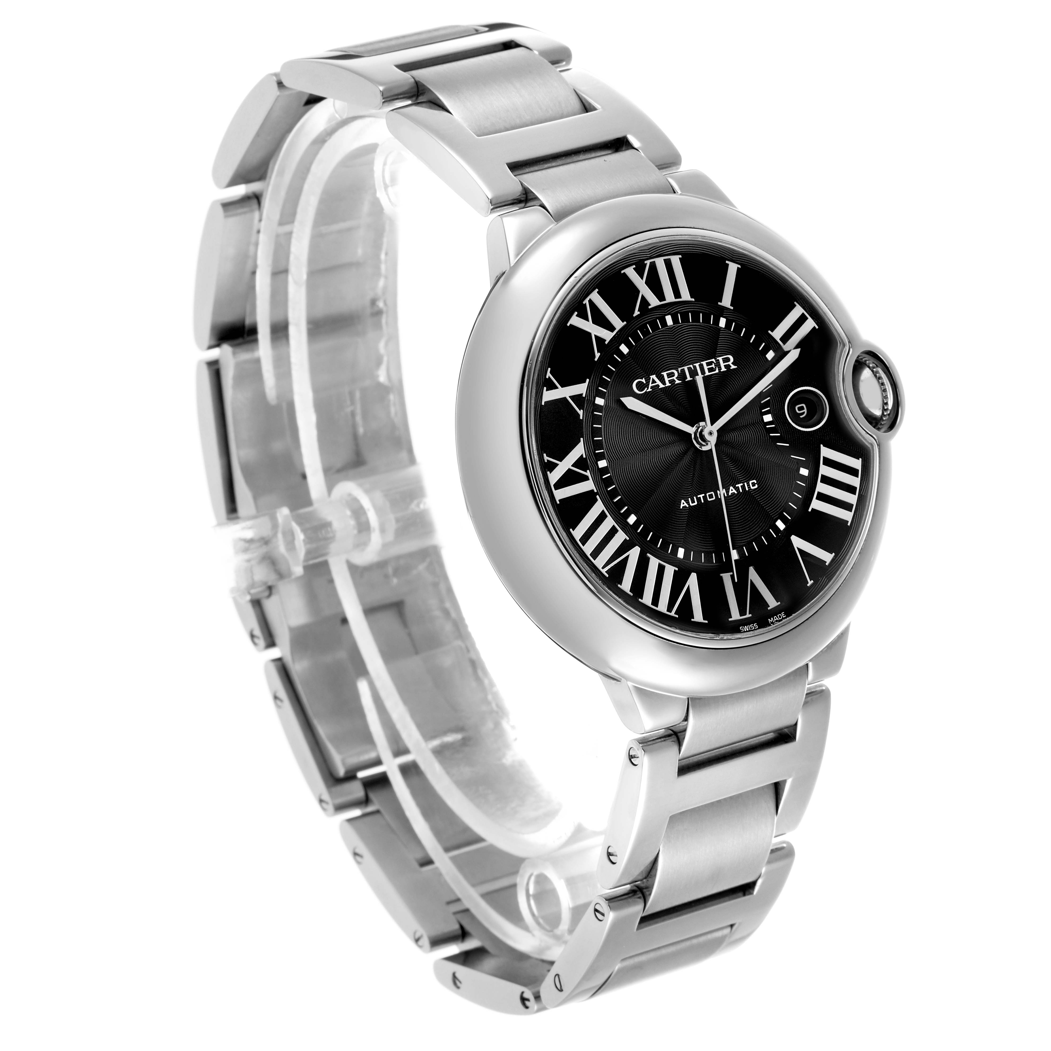 The Cartier Ballon Bleu W6920042 Men's Stainless Steel Black Dial watch is shown at a three-quarter angle, highlighting its stainless steel bracelet and black dial with Roman numerals.