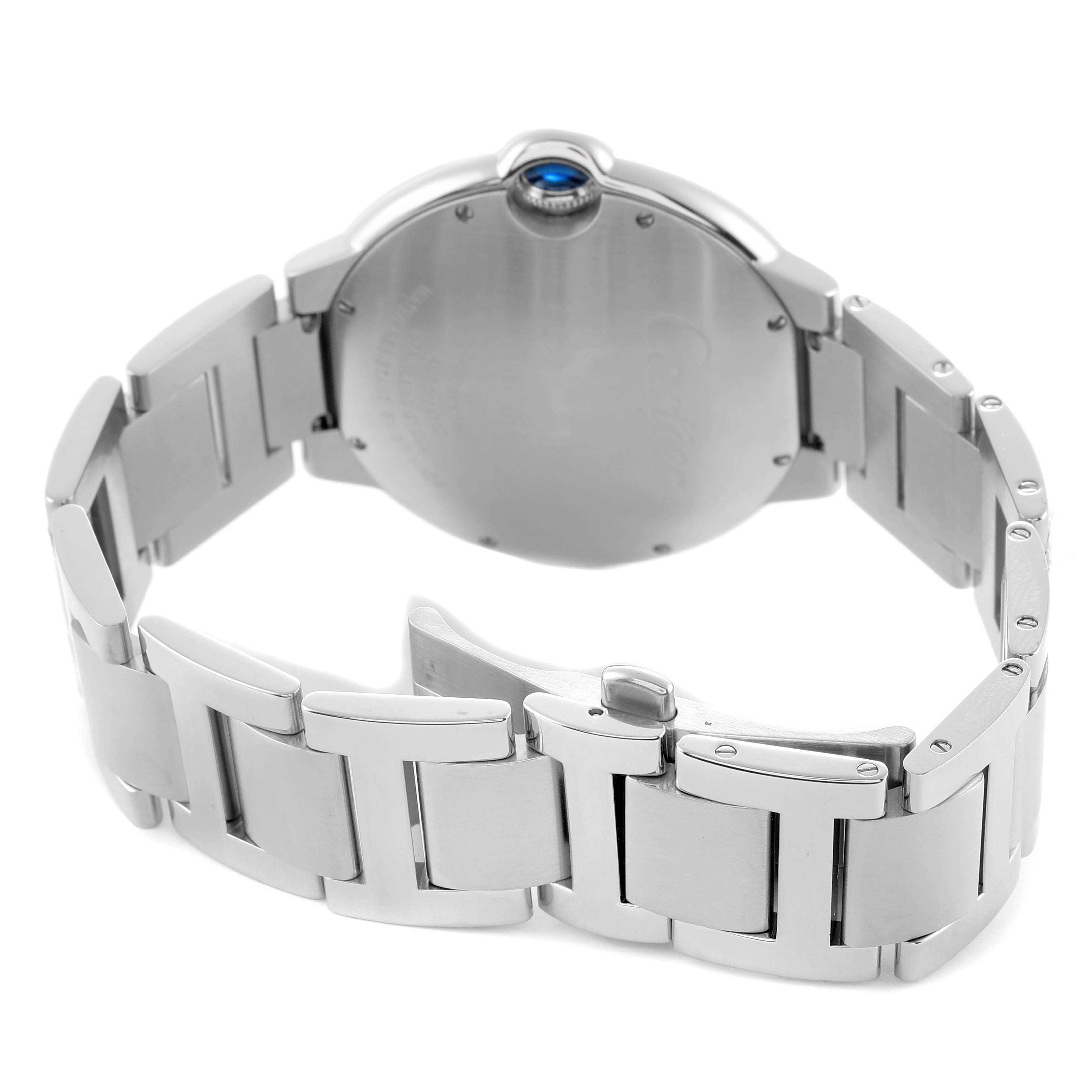 The Cartier Ballon Bleu W6920042 Men's Stainless Steel Black Dial watch is shown from the rear, displaying the case back, bracelet, and clasp.