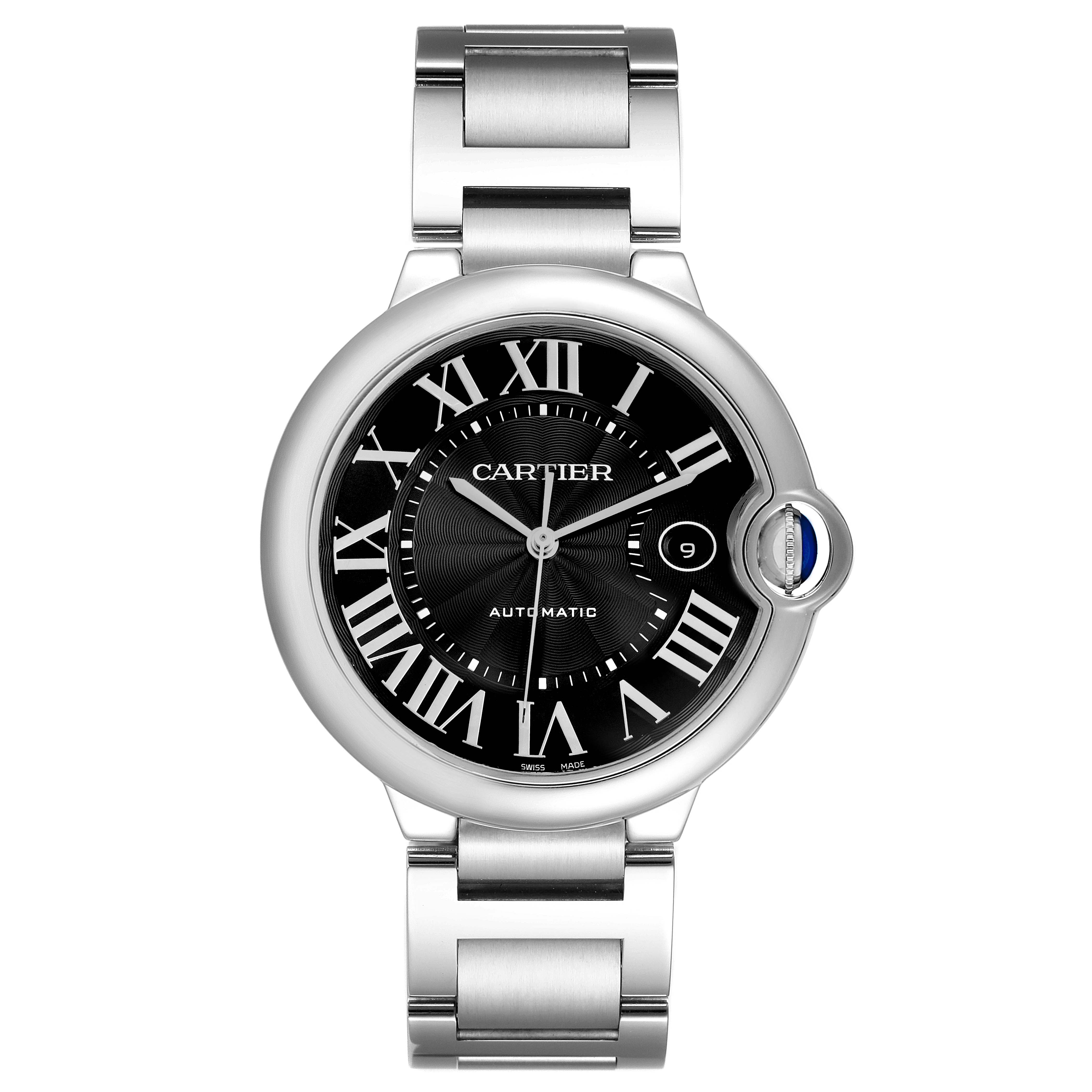 The image shows a Ballon Bleu de Cartier watch from a front angle, displaying its face, Roman numerals, date window, and metal bracelet.