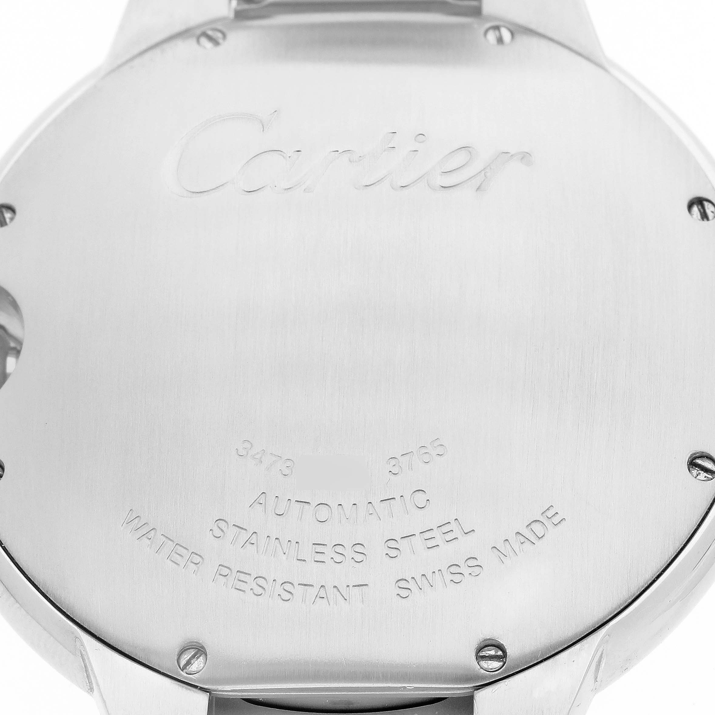 The image shows the back case of a Cartier Ballon Bleu W6920042 Men's Stainless Steel Black Dial watch, highlighting its brand engraving and specifications.