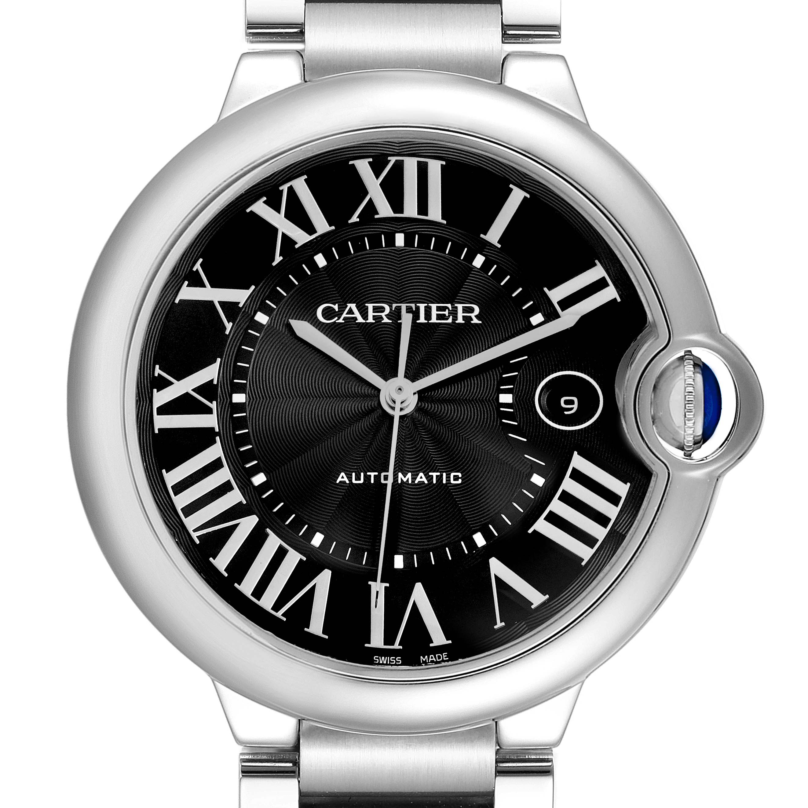The Cartier Ballon Bleu W6920042 Men's Stainless Steel Black Dial watch is shown from a front angle, highlighting the dial, Roman numerals, hands, and blue cabochon crown.