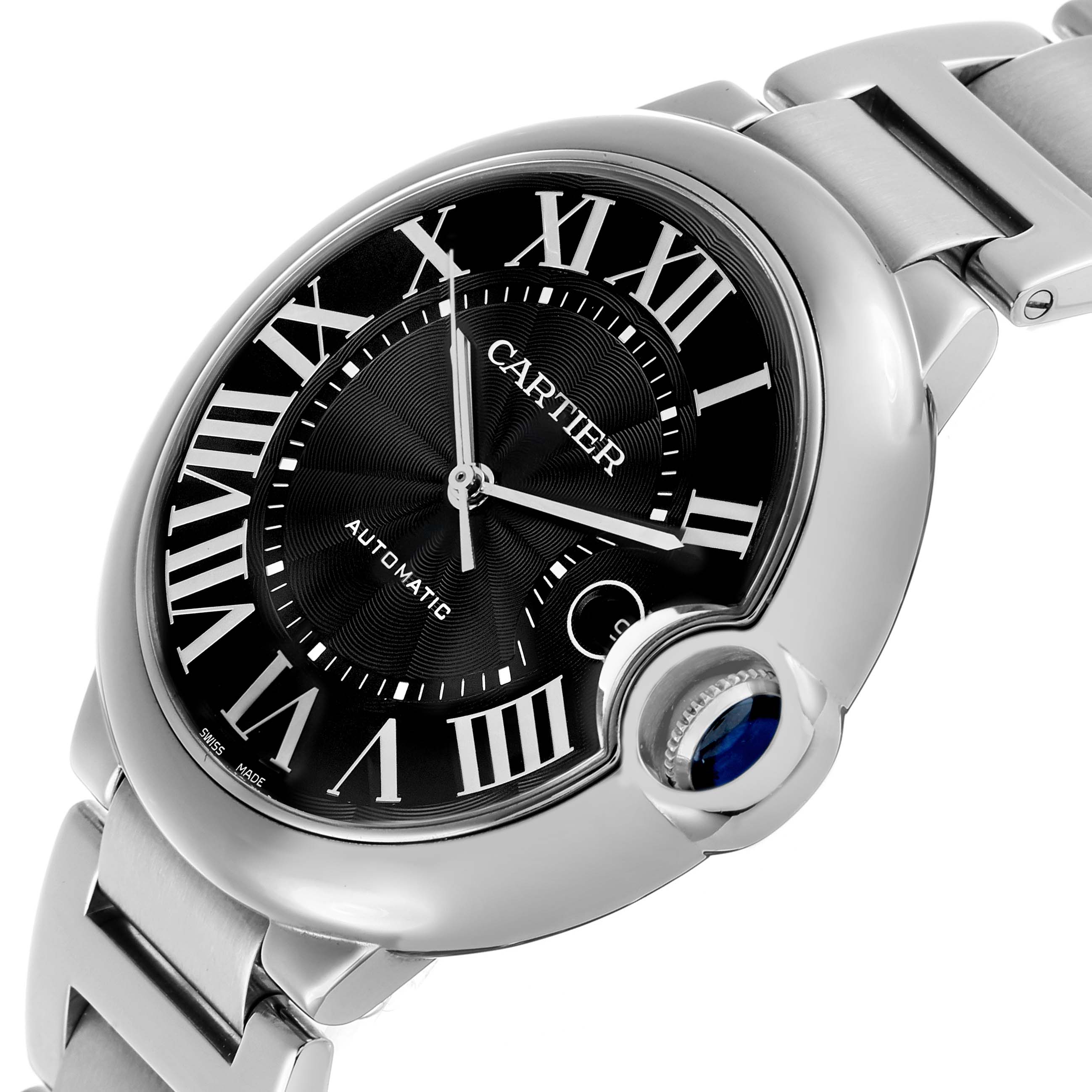 The Ballon Bleu by Cartier is shown at an angle highlighting the watch face, crown with the cabochon, and part of the bracelet.