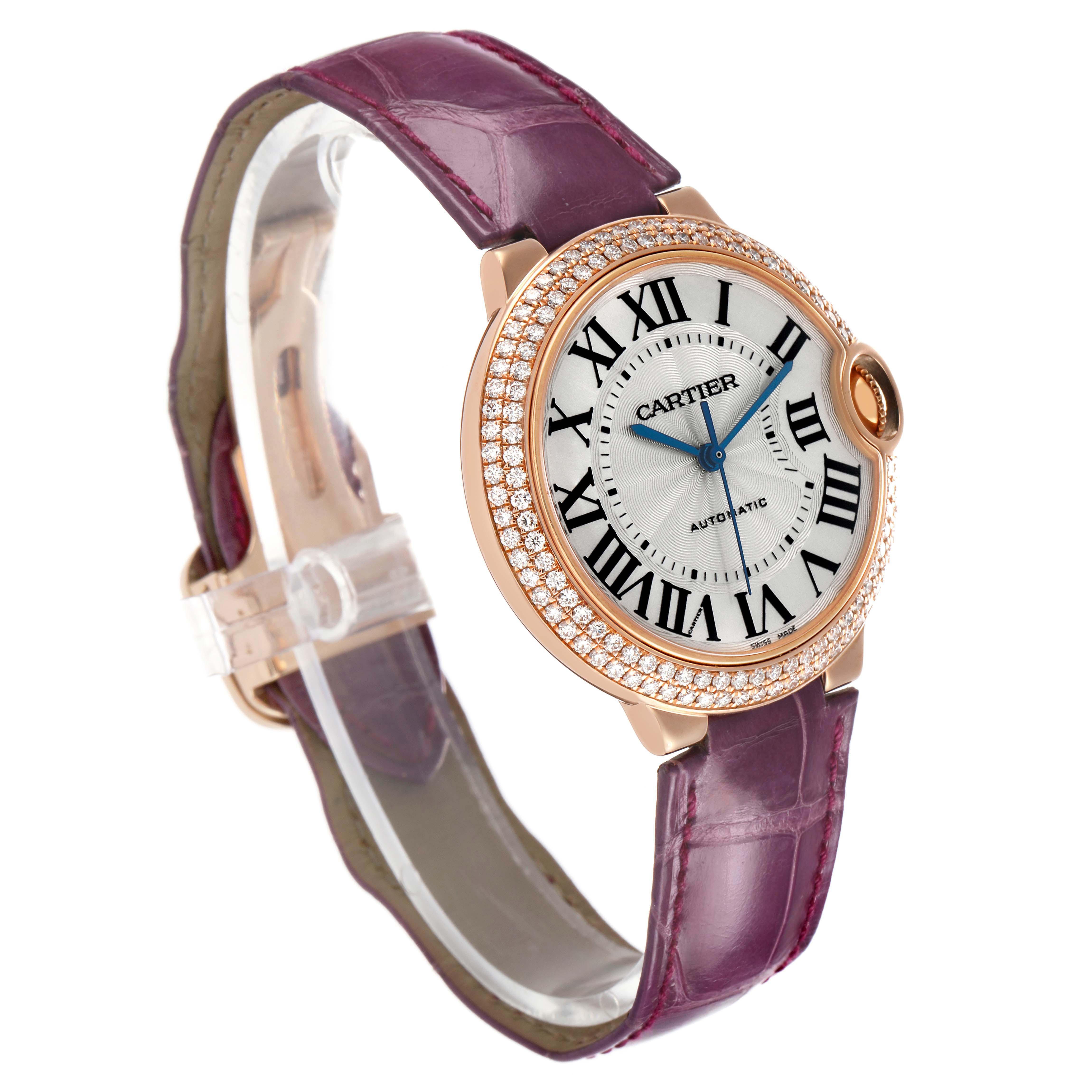 The Ballon Bleu by Cartier is shown at a slight side angle, showcasing the dial, crown, and strap.