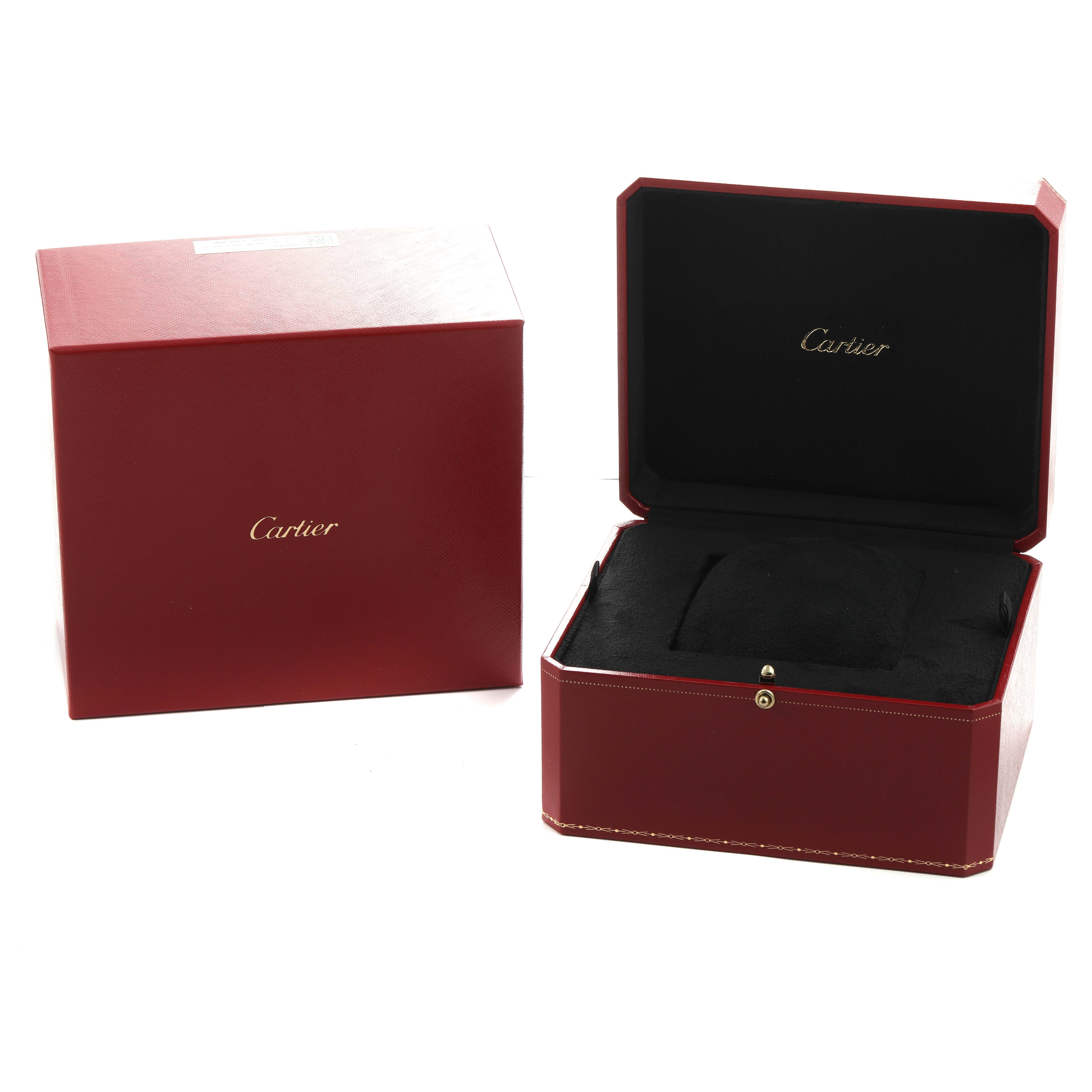 The image shows a Cartier Ballon Bleu WE900551 Women's Rose Gold Silver Dial watch box and its open view, highlighting the brand's signature elegant packaging.