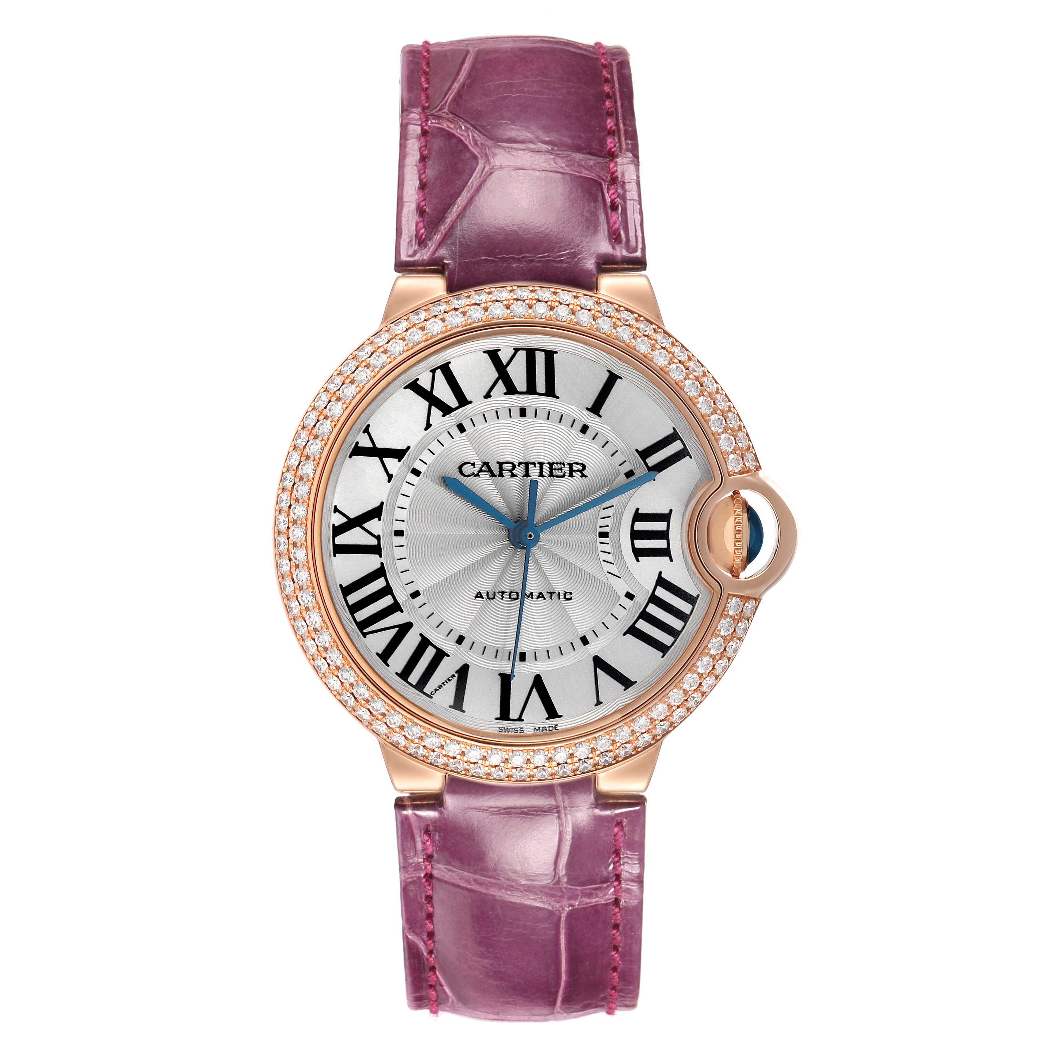 The Cartier Ballon Bleu WE900551 Women's Rose Gold Silver Dial watch is shown from a top-down angle, displaying its face, case, and strap.