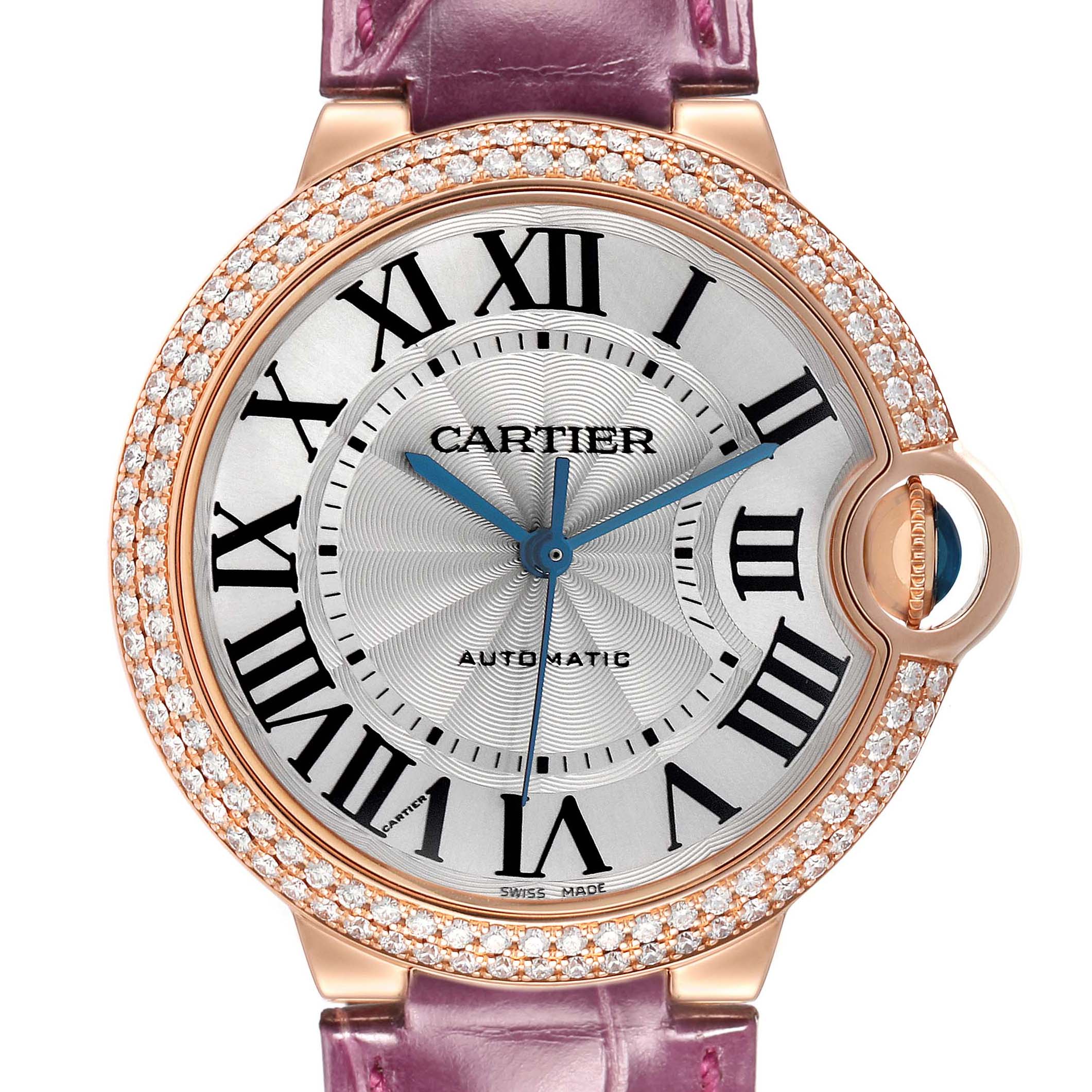 This Cartier Ballon Bleu WE900551 Women's Rose Gold Silver Dial watch is shown from the front, highlighting its diamond bezel, Roman numerals, and purple strap.