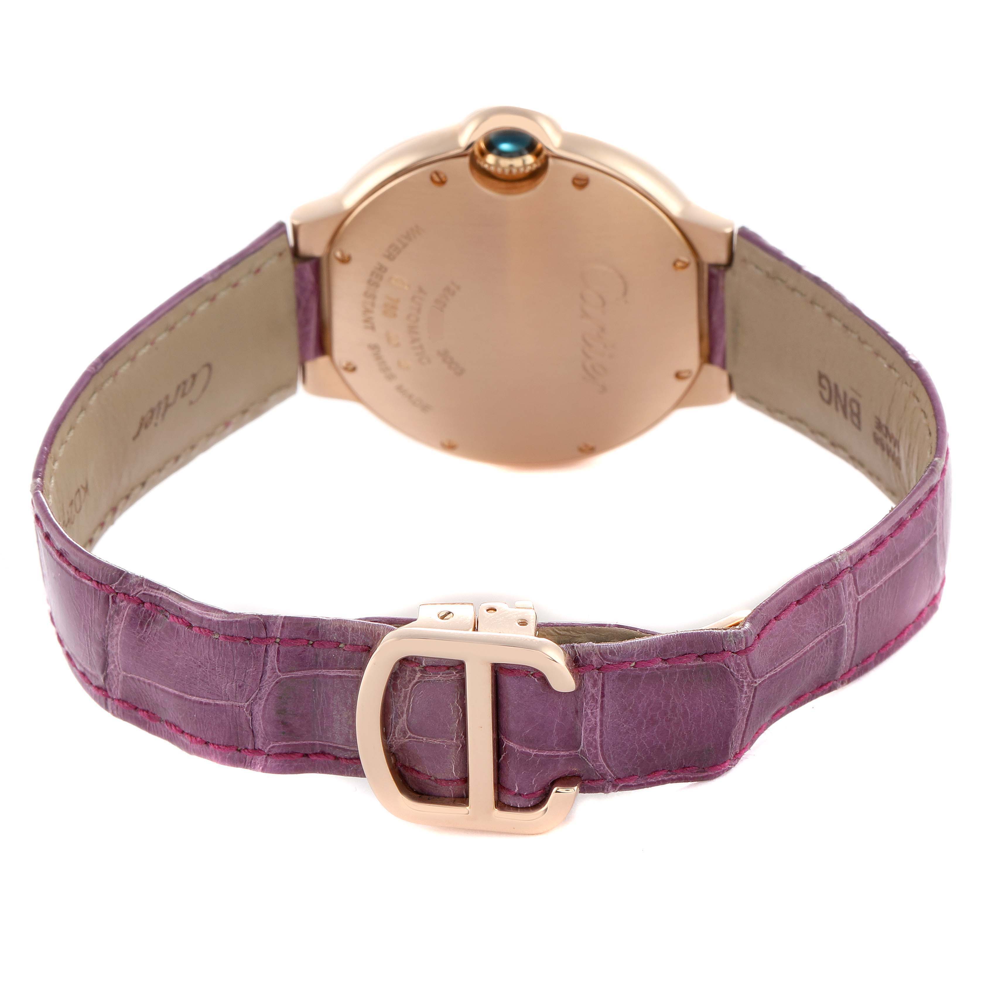 The image shows the back of the Cartier Ballon Bleu WE900551 Women's Rose Gold Silver Dial watch and its strap, highlighting the buckle and case back details.