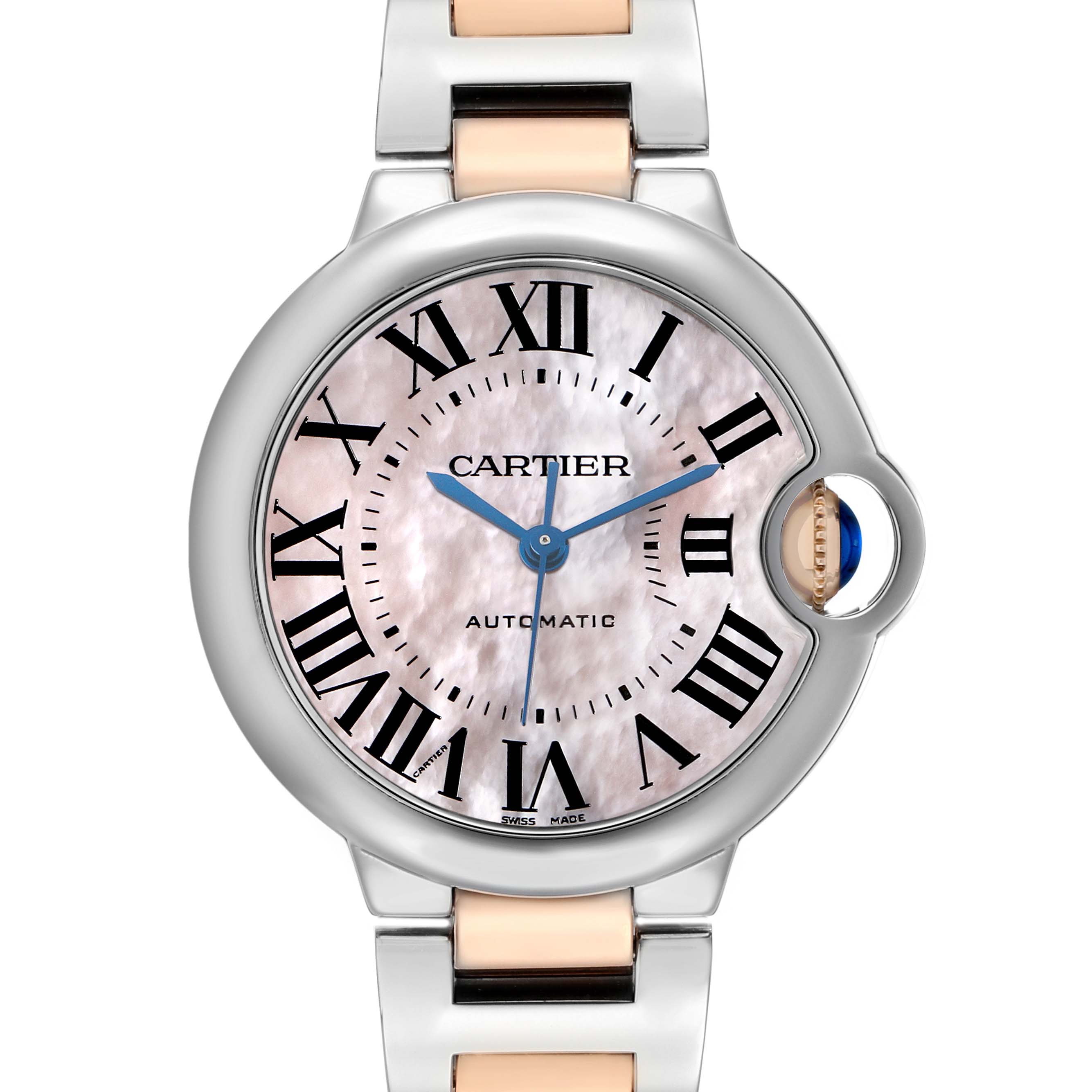 The Ballon Bleu de Cartier watch is shown from the front, highlighting its round face, Roman numerals, blue hands, and distinctive crown.