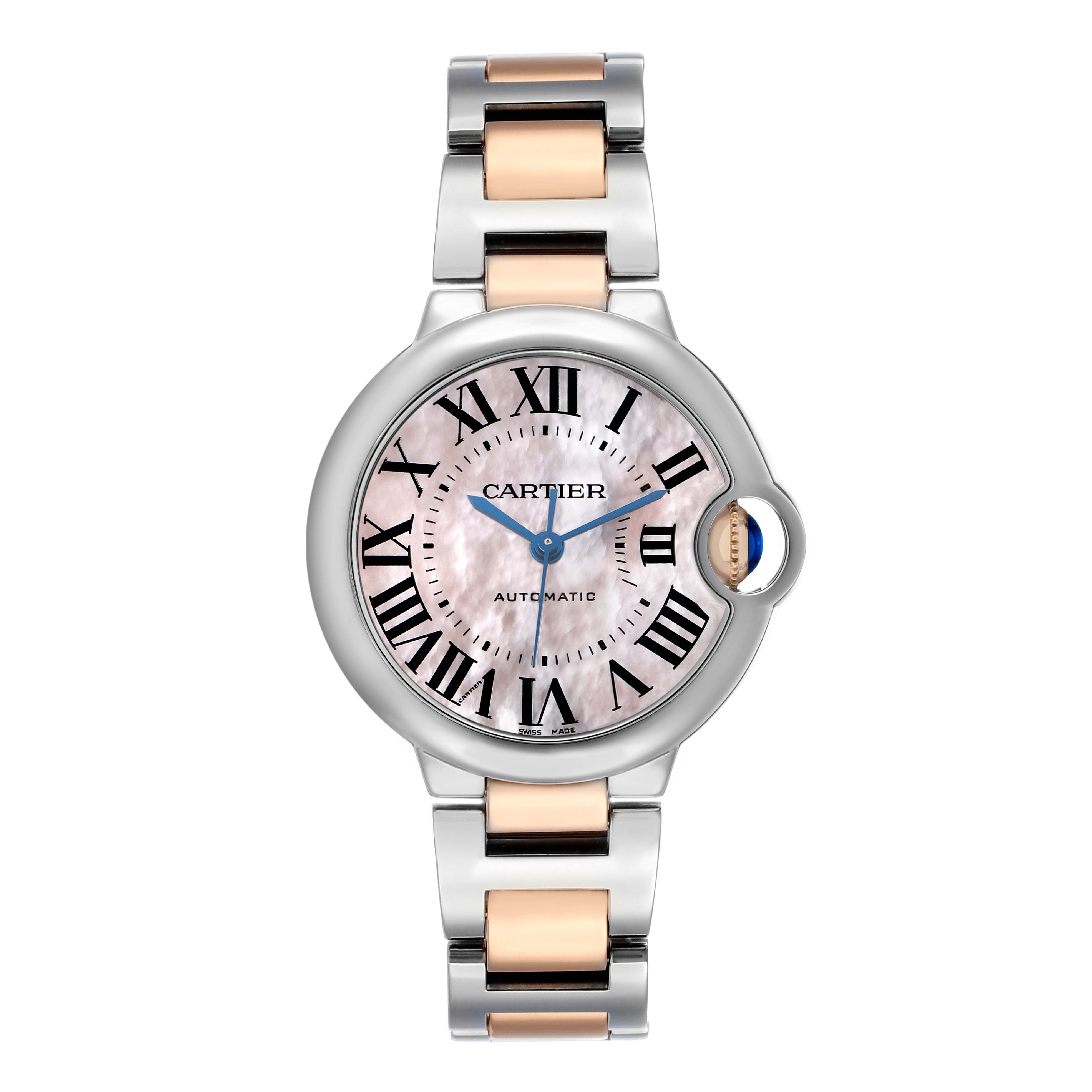 The Cartier Ballon Bleu W6920098 Women's Steel and Gold (two tone) Mother of Pearl Dial watch is shown from a front angle, displaying the face, dial, and part of the bracelet.