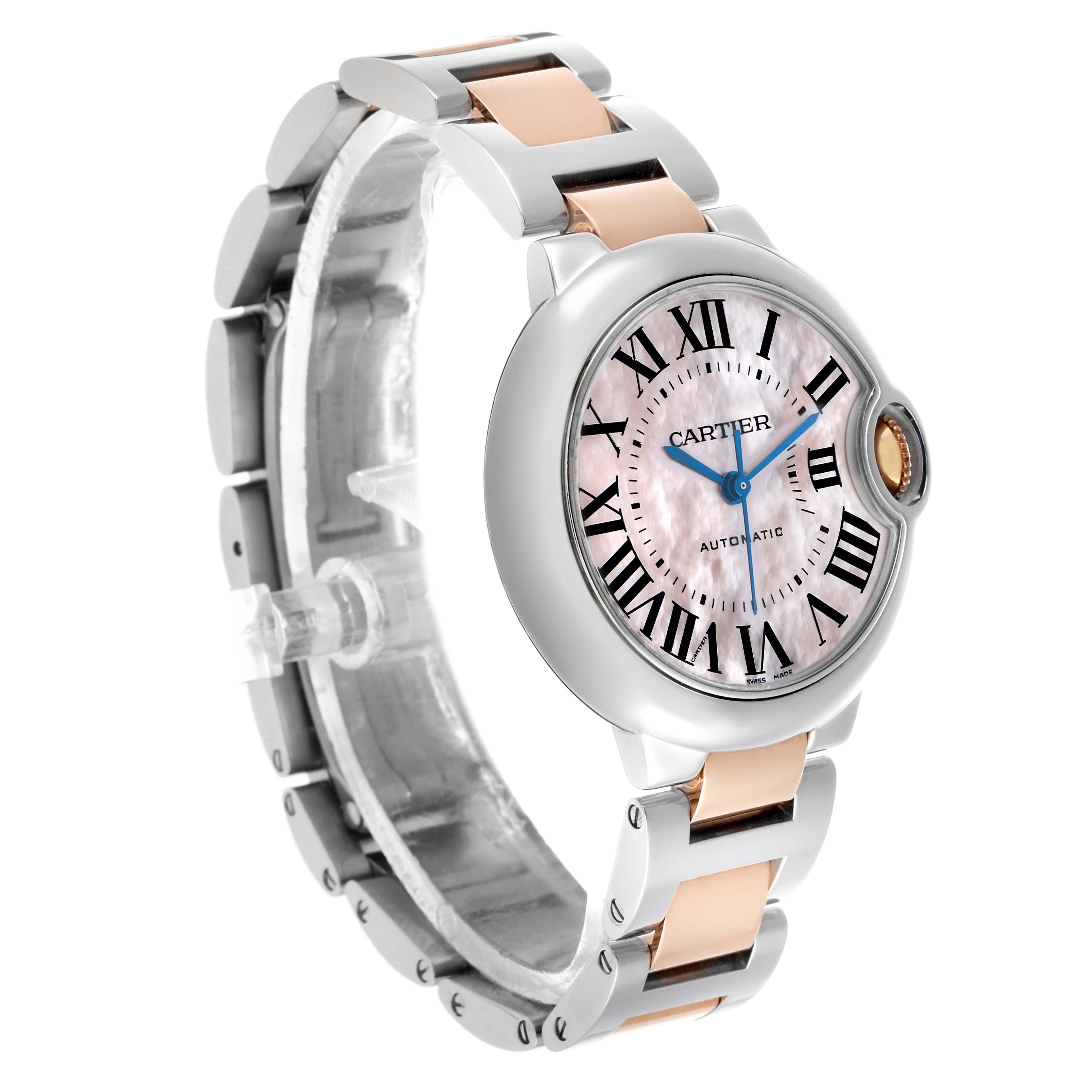 The Cartier Ballon Bleu W6920098 Women's Steel and Gold (two tone) Mother of Pearl Dial watch is shown at a three-quarter angle, highlighting the dial, case, and bracelet.