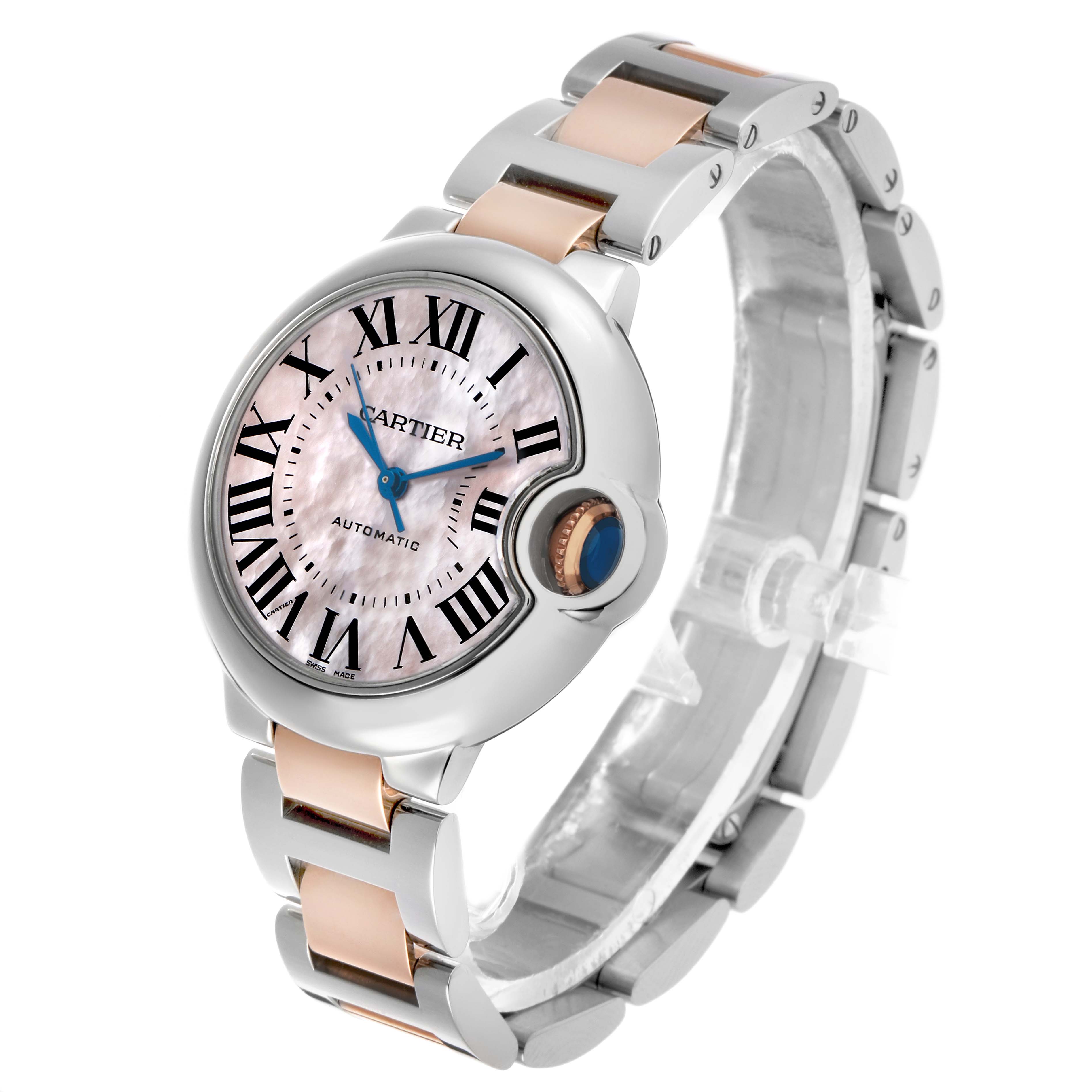 The Cartier Ballon Bleu W6920098 Women's Steel and Gold (two tone) Mother of Pearl Dial watch is shown at a semi-side angle, displaying the face, crown, and part of the bracelet.