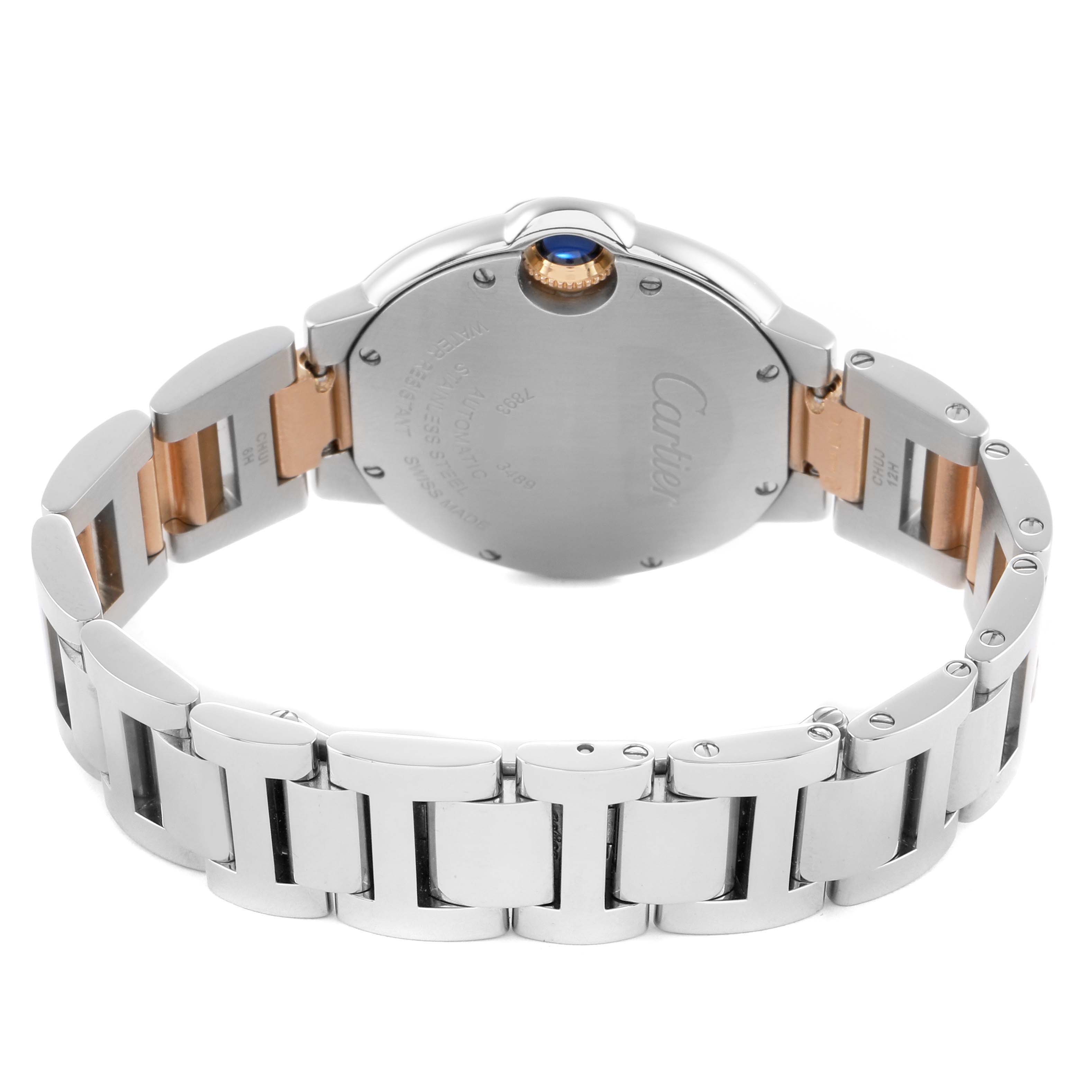 The image shows the back and part of the bracelet of a Cartier Ballon Bleu W6920098 Women's Steel and Gold (two tone) Mother of Pearl Dial watch, highlighting its metal finish and links.