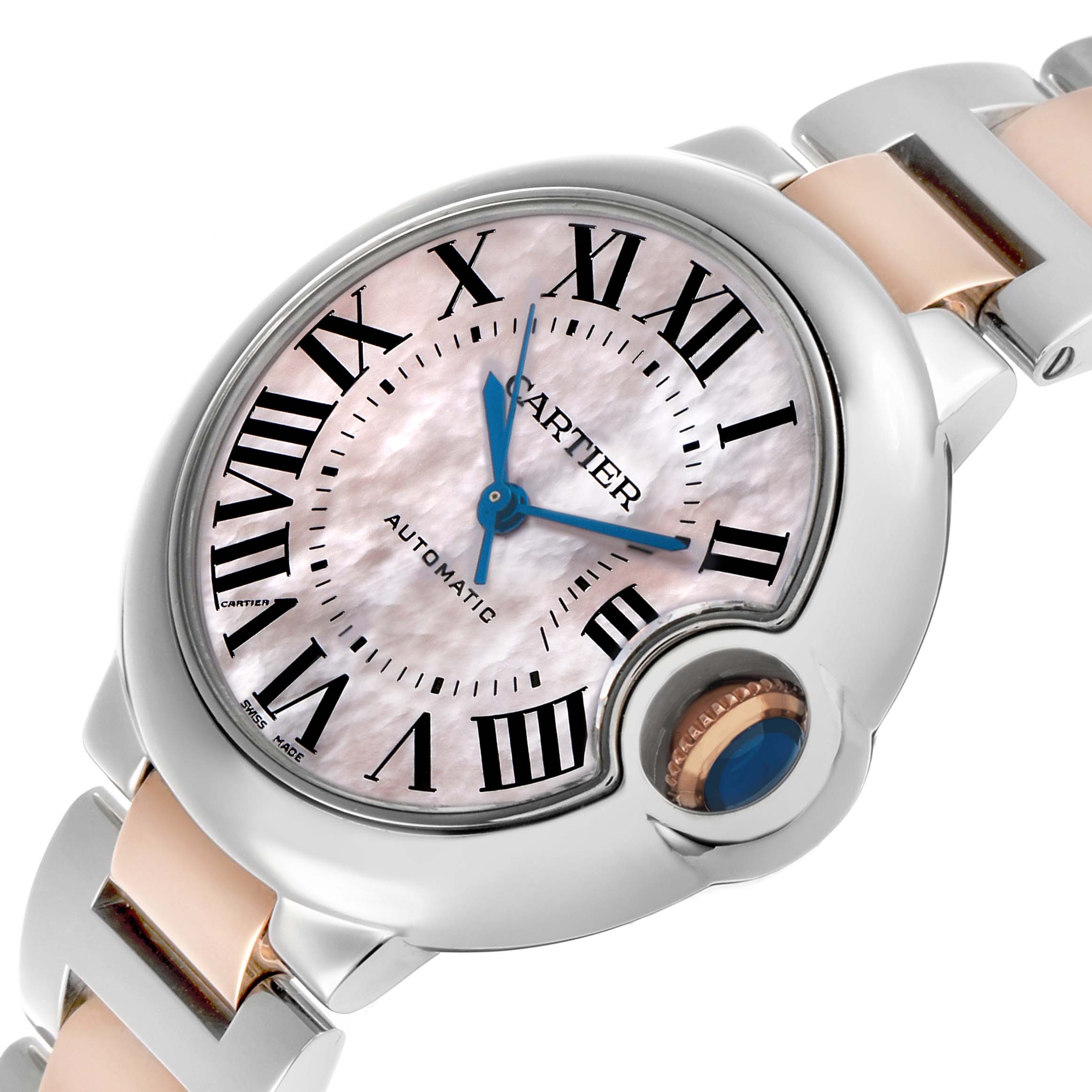 The image shows a close-up angle of the Cartier Ballon Bleu W6920098 Women's Steel and Gold (two tone) Mother of Pearl Dial watch, highlighting the dial, crown, and part of the bracelet.