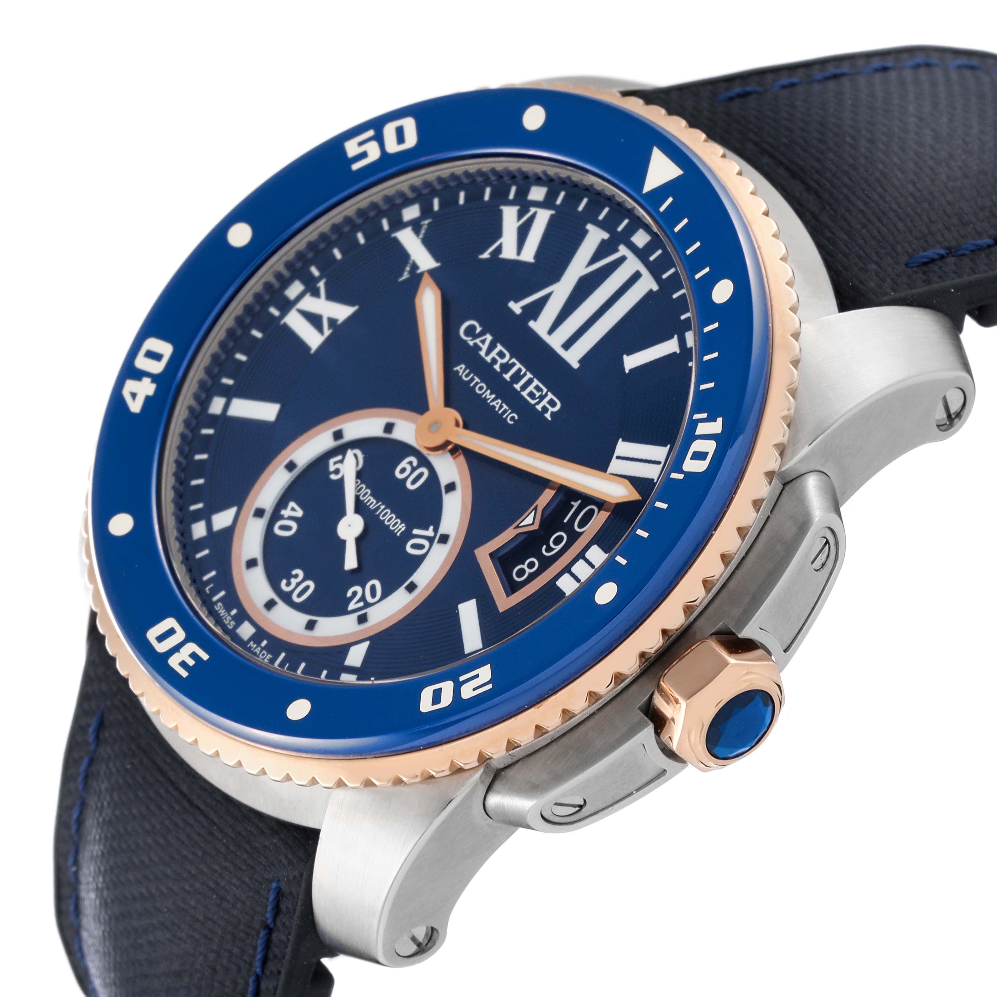 This image shows a close-up side view of the Calibre de Cartier watch by Cartier, highlighting its blue dial, bezel, and crown.