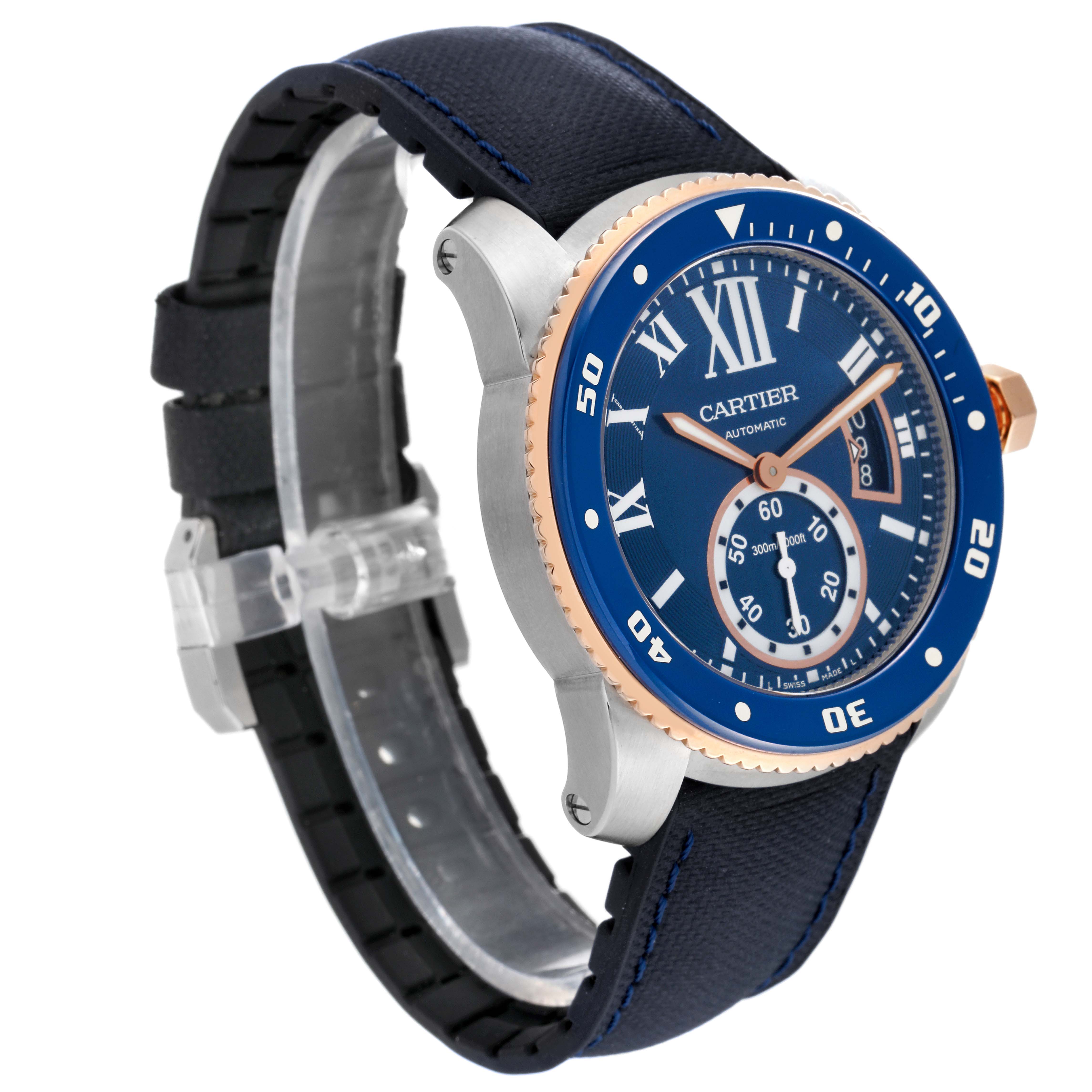 The image shows a side view of the Calibre de Cartier model by Cartier, highlighting the watch face, bezel, strap, and crown.