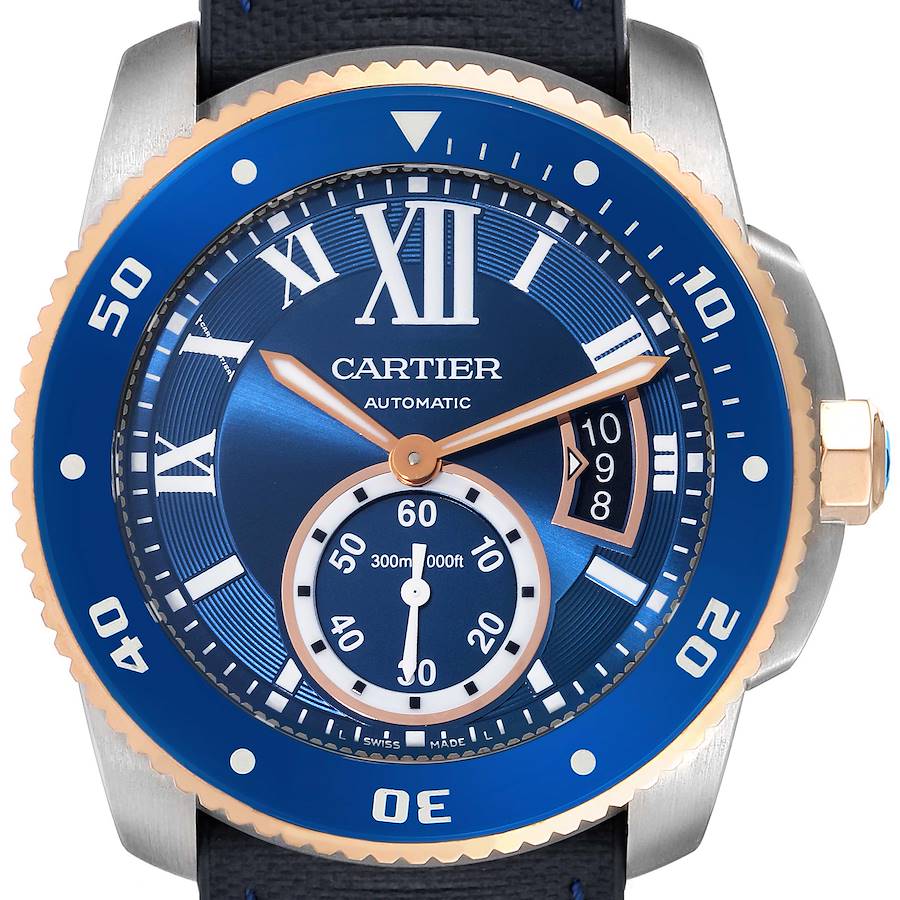 Cartier Calibre Diver Steel Rose Gold Blue Dial Mens Watch W2CA0008 Box Papers SwissWatchExpo