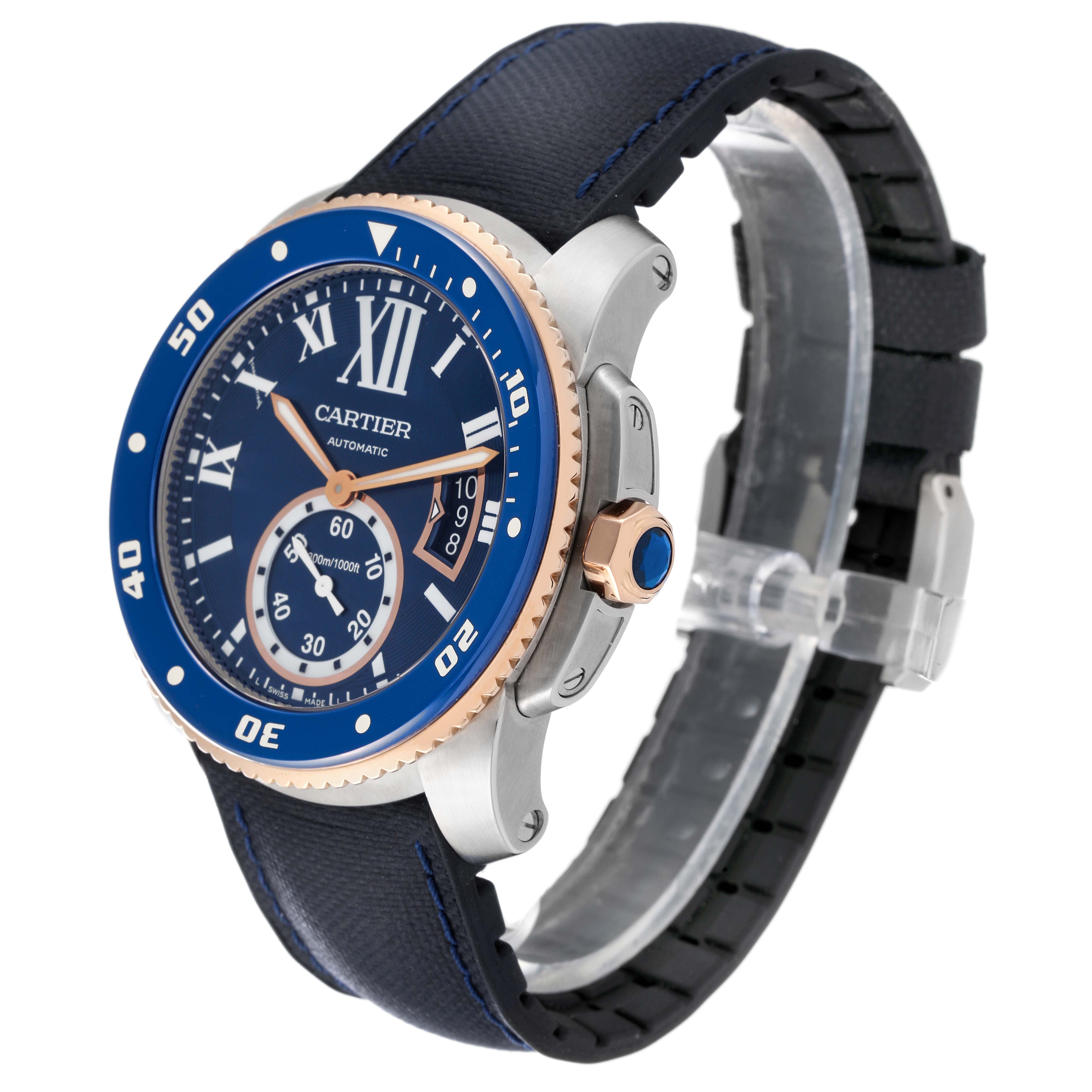 This image shows a Calibre de Cartier watch by Cartier from a side angle, highlighting the face, bezel, crown, and strap.