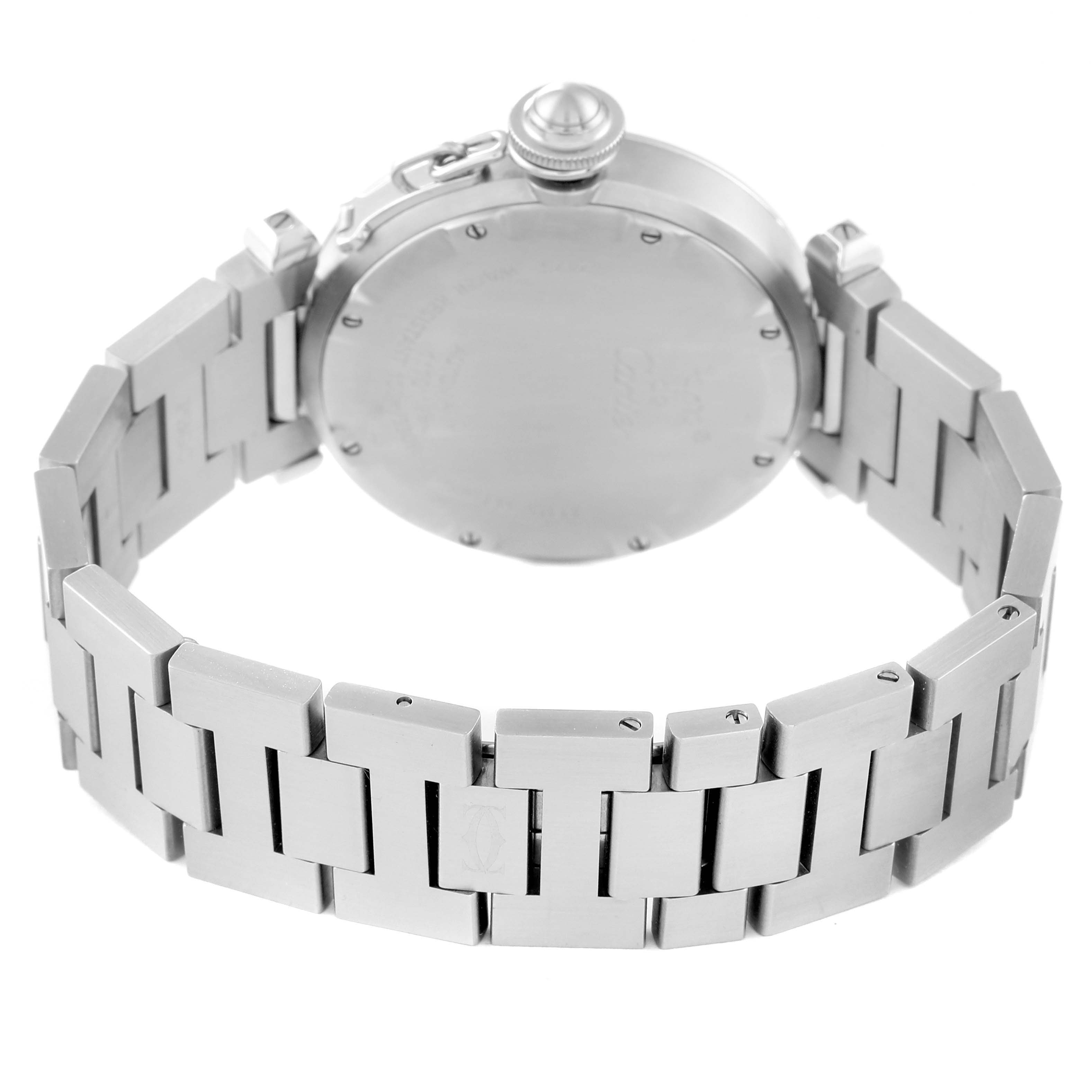 The image shows the back case and bracelet of a Cartier Pasha W31058M7 Women's Stainless Steel Pink Dial W31058M7 Women's Stainless Steel Pink Dial watch from a rear angle.