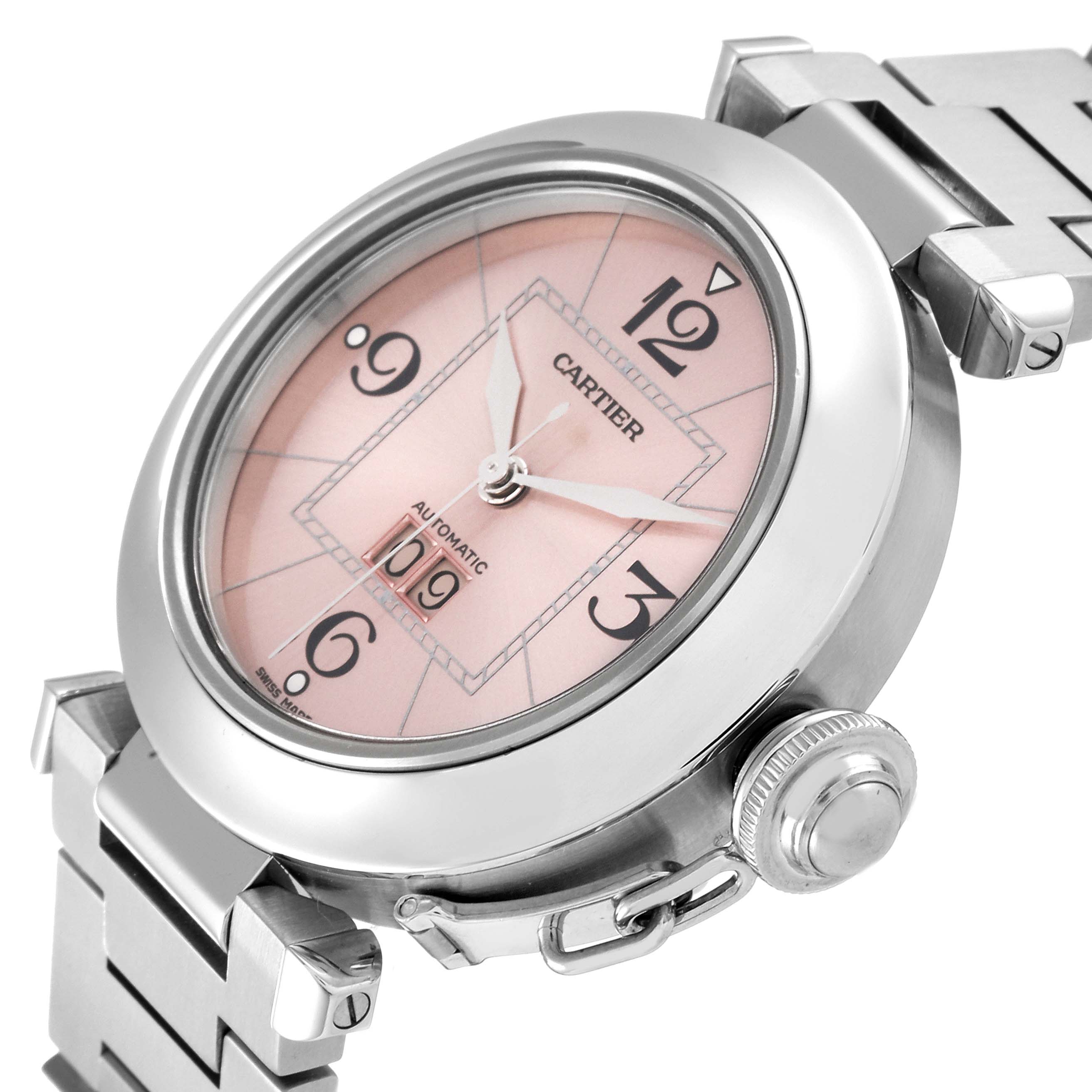 This image shows a close-up angle of the Cartier Pasha W31058M7 Women's Stainless Steel Pink Dial W31058M7 Women's Stainless Steel Pink Dial watch, highlighting its dial, hands, crown, and part of the bracelet.