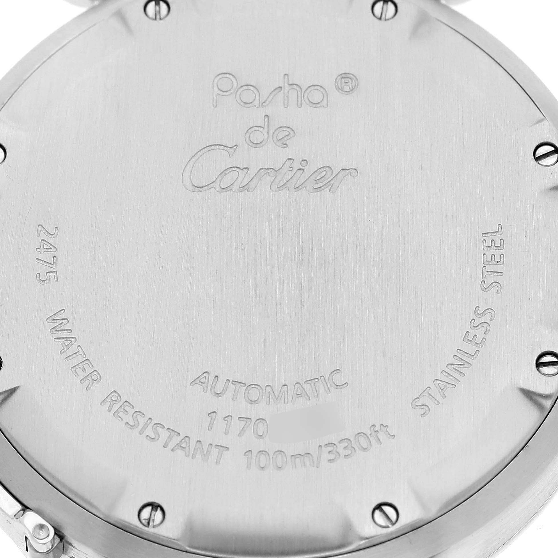 This image shows the back of a Cartier Pasha W31058M7 Women's Stainless Steel Pink Dial W31058M7 Women's Stainless Steel Pink Dial watch, detailing its water resistance, material, and other specifications.