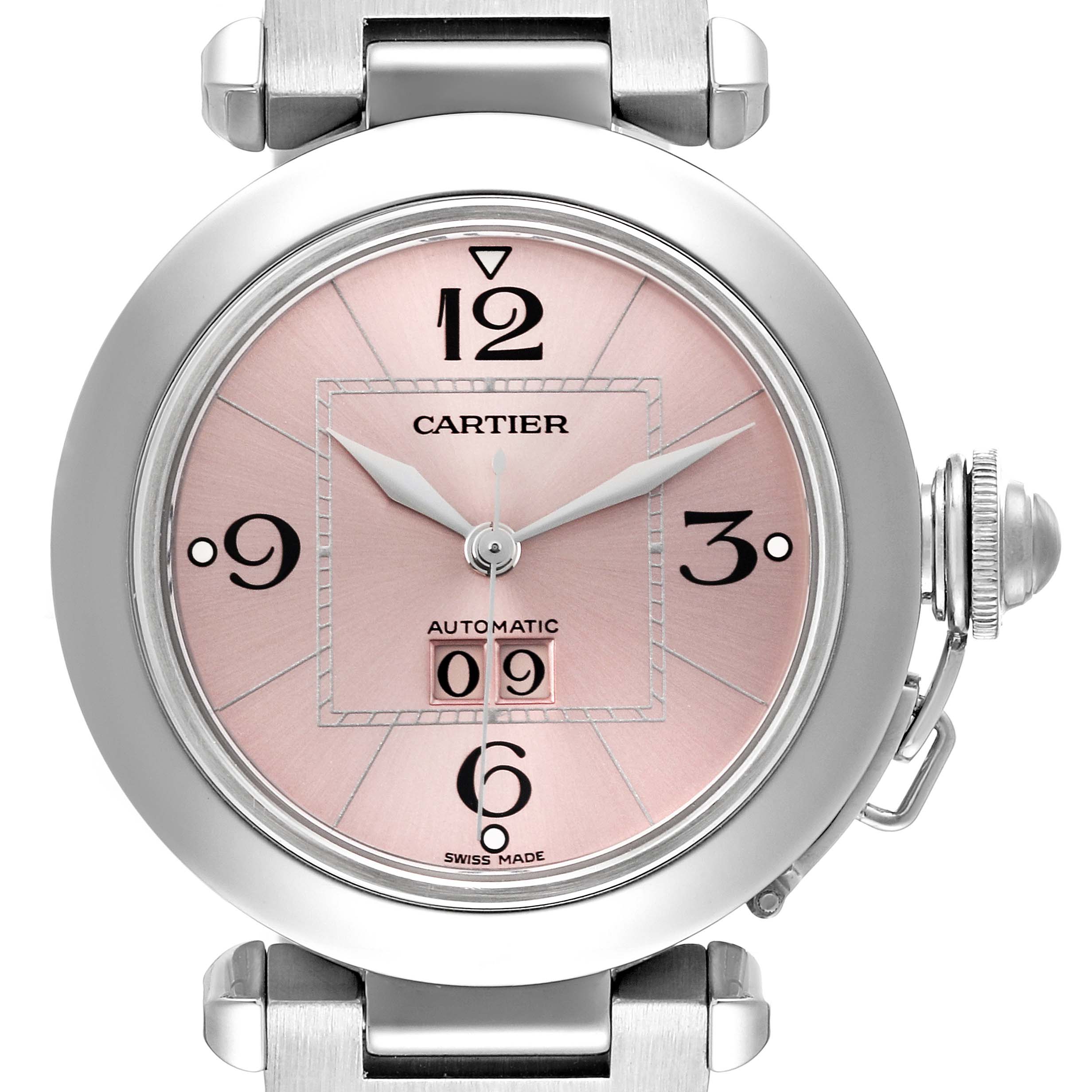 This is a frontal view of the Pasha de Cartier watch, showcasing its dial, hands, and crown.