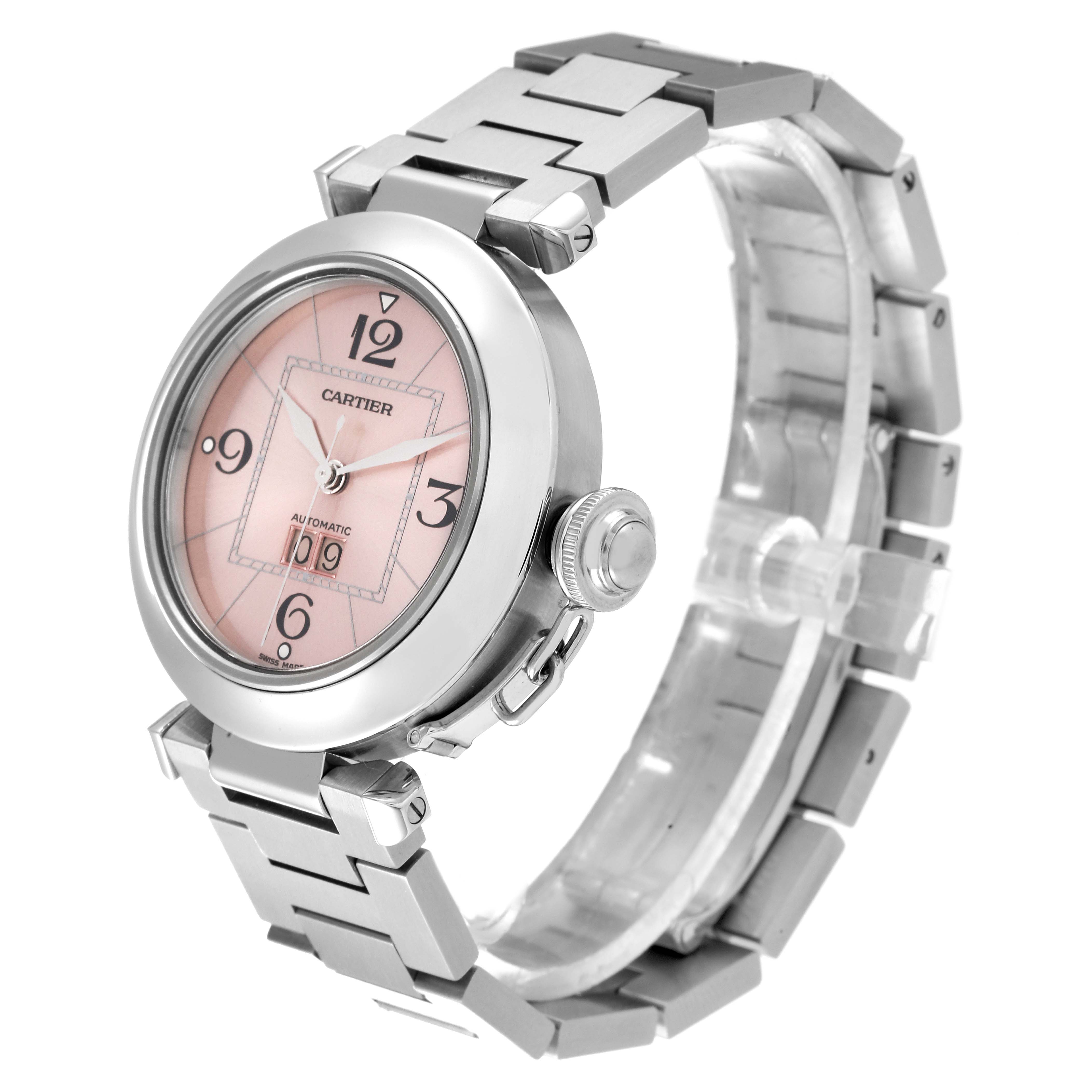 The Cartier Pasha W31058M7 Women's Stainless Steel Pink Dial W31058M7 Women's Stainless Steel Pink Dial watch is shown at a slight angle, displaying the face, crown, and part of the metal strap.
