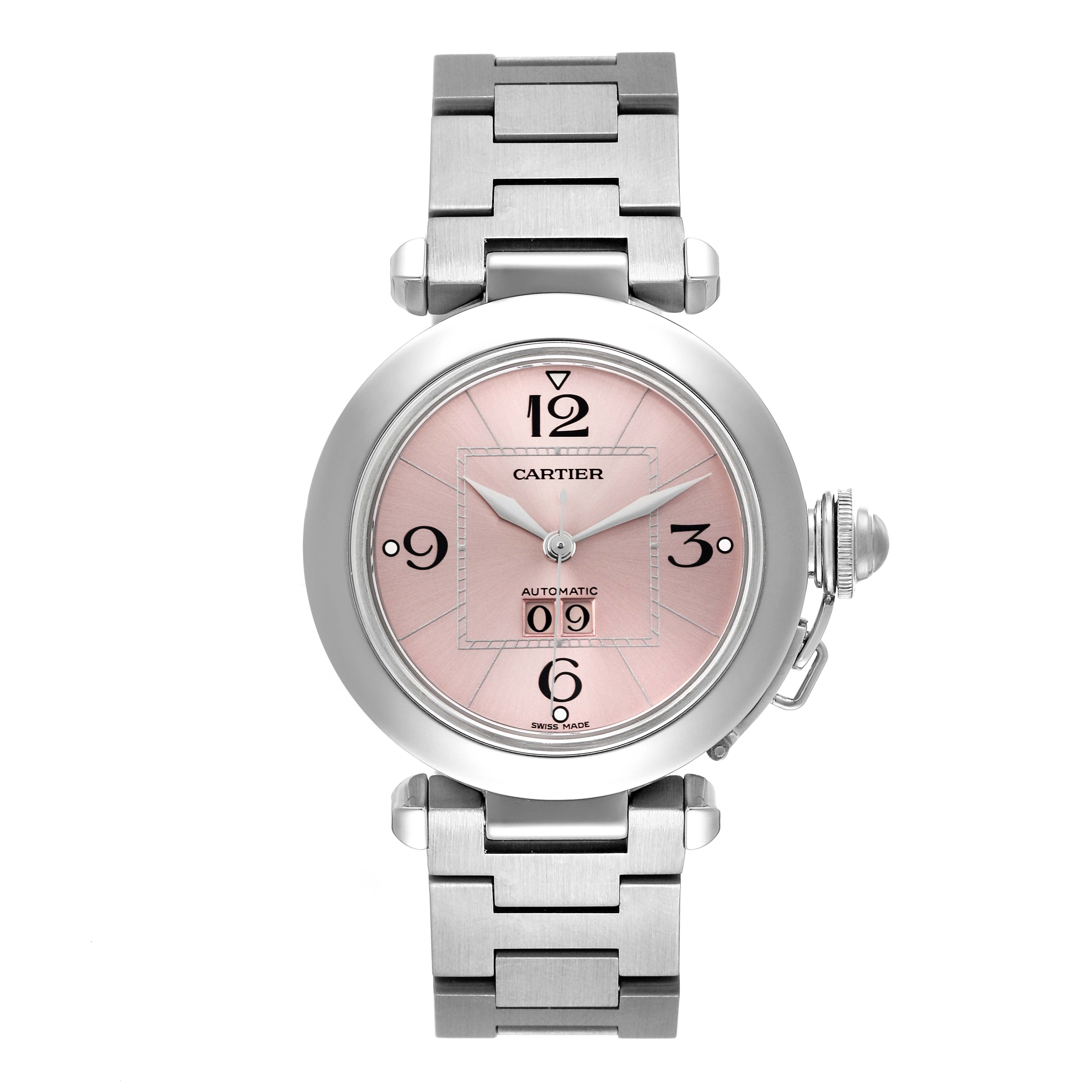 The image shows a Cartier Pasha W31058M7 Women's Stainless Steel Pink Dial W31058M7 Women's Stainless Steel Pink Dial model watch from a top-down angle, displaying its face, case, and metal bracelet.