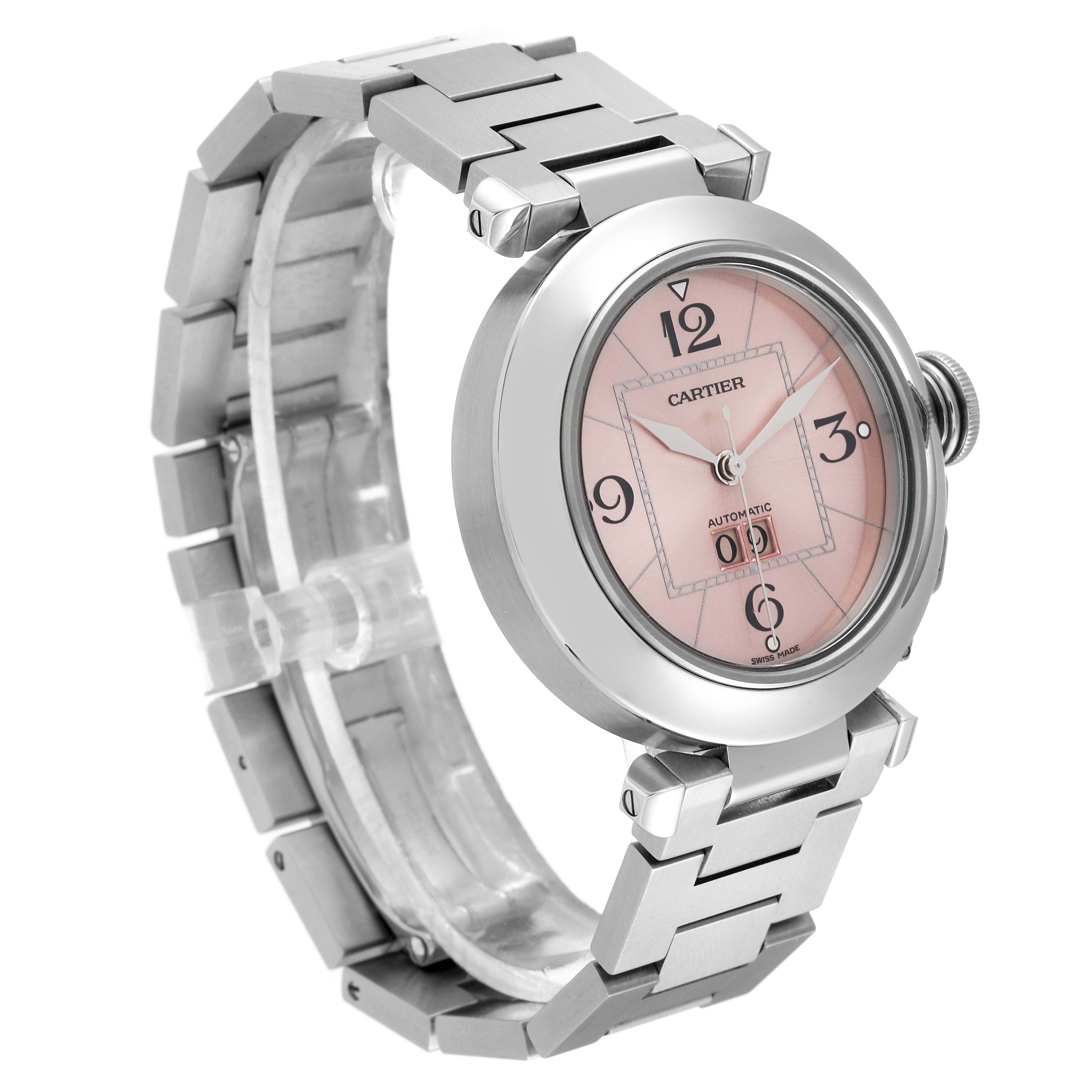 The image shows a Cartier Pasha W31058M7 Women's Stainless Steel Pink Dial W31058M7 Women's Stainless Steel Pink Dial model watch from a front angle, highlighting the dial, bezel, and metal bracelet.