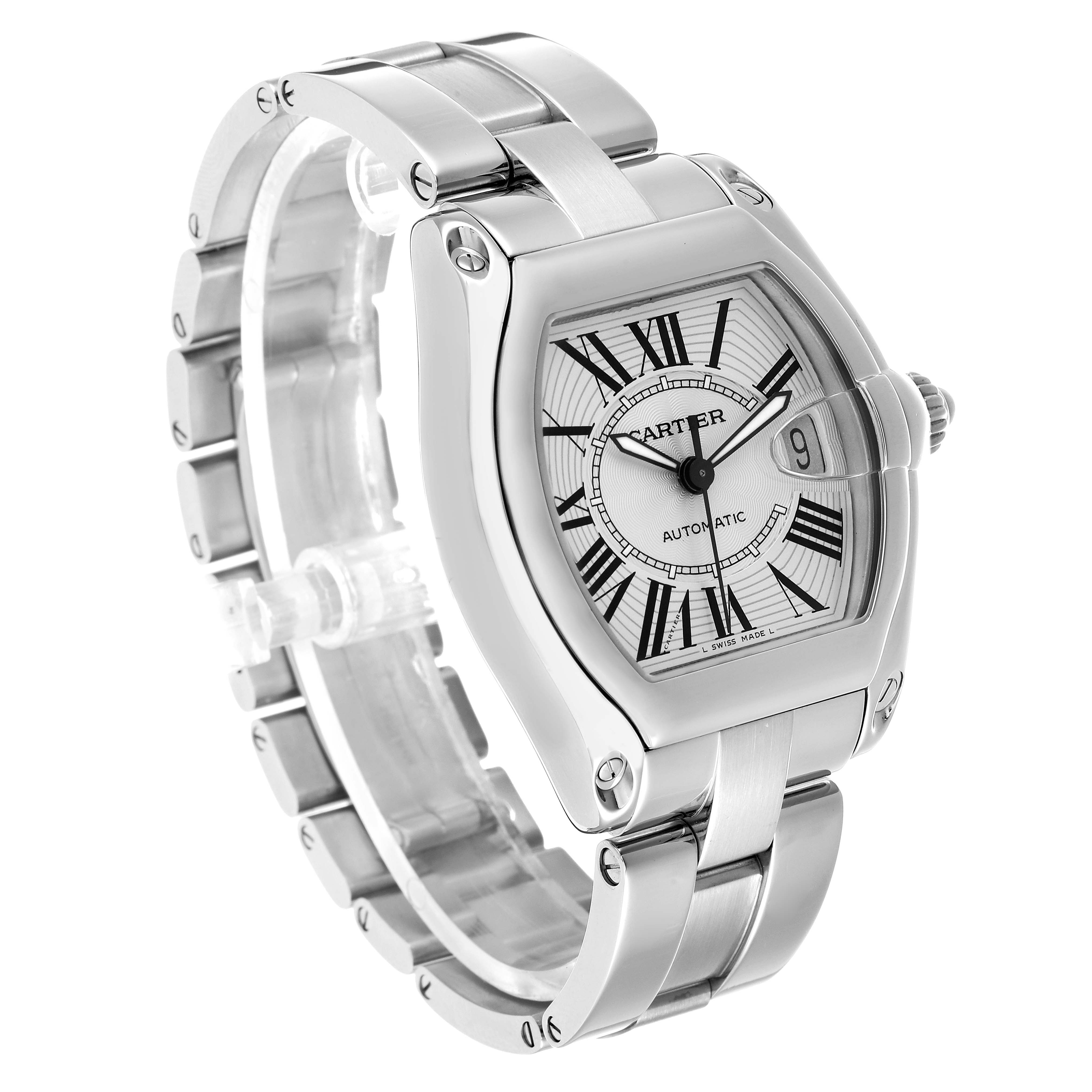 The Cartier Roadster W62025V3 Men's Stainless Steel Silver Dial watch is shown at a slight angle, highlighting its case, bracelet, and prominent crown.