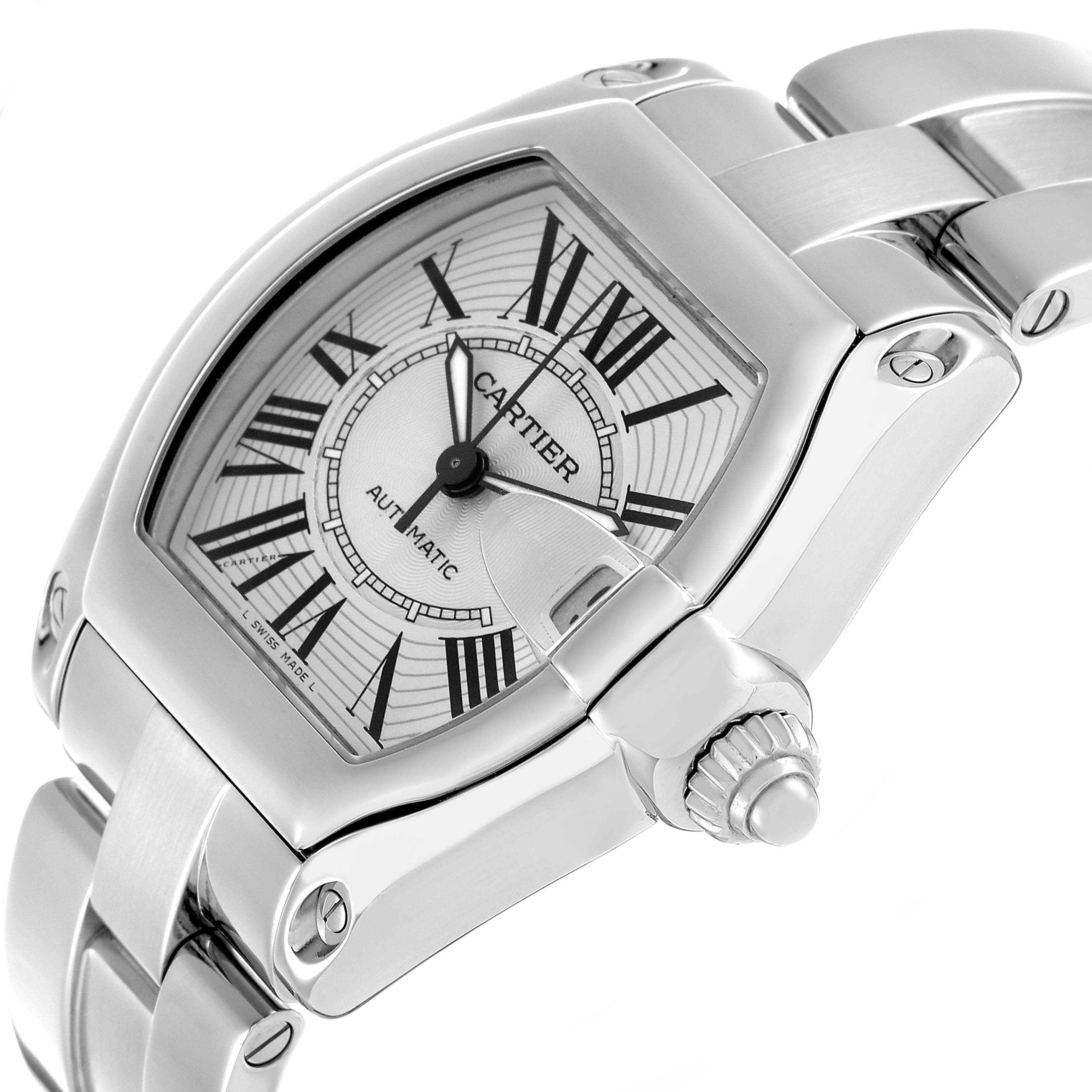 The Cartier Roadster W62025V3 Men's Stainless Steel Silver Dial watch is shown at an angled side view, highlighting the dial, crown, and part of the bracelet.