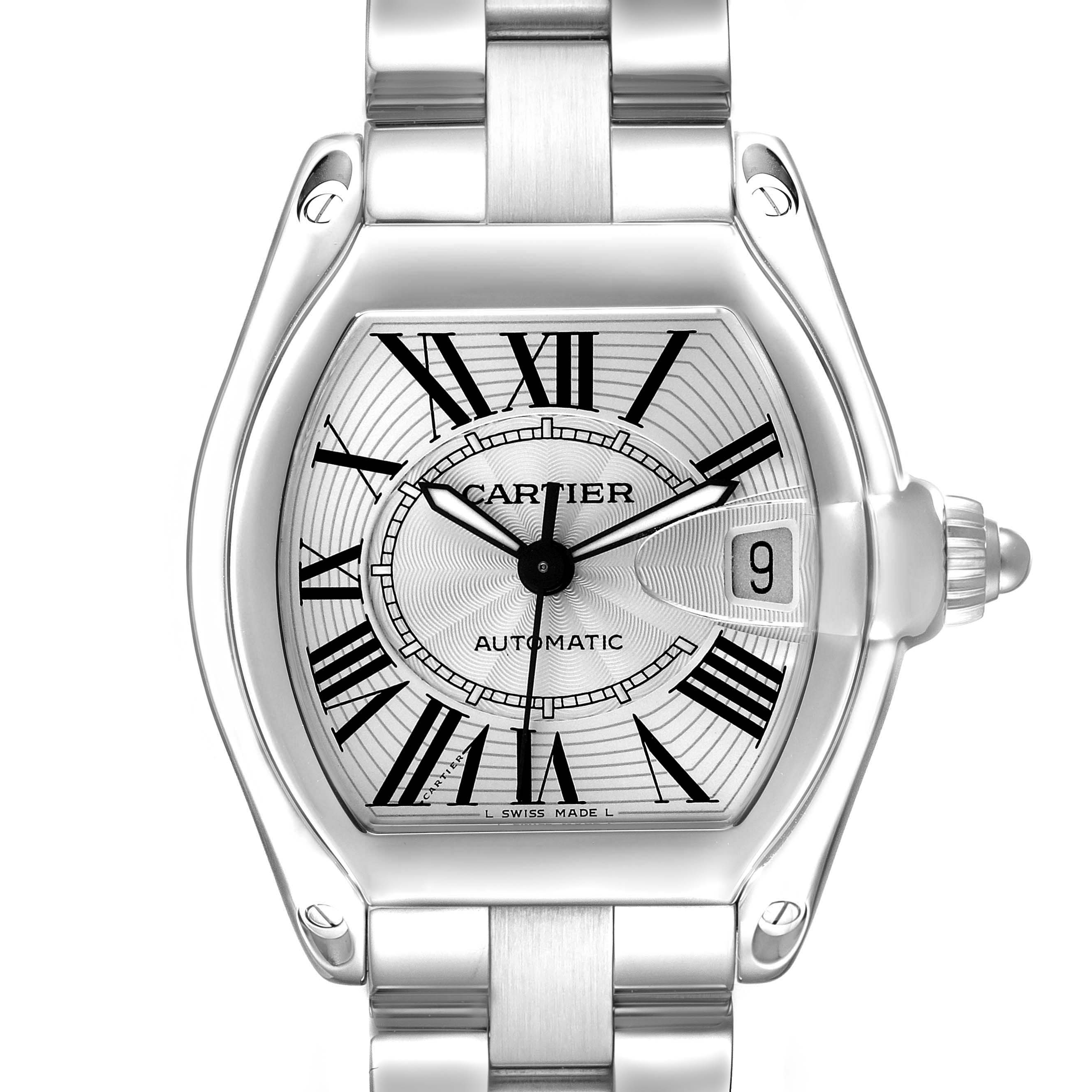 The Cartier Roadster W62025V3 Men's Stainless Steel Silver Dial watch is shown from a front angle, highlighting its dial, Roman numerals, and crown.