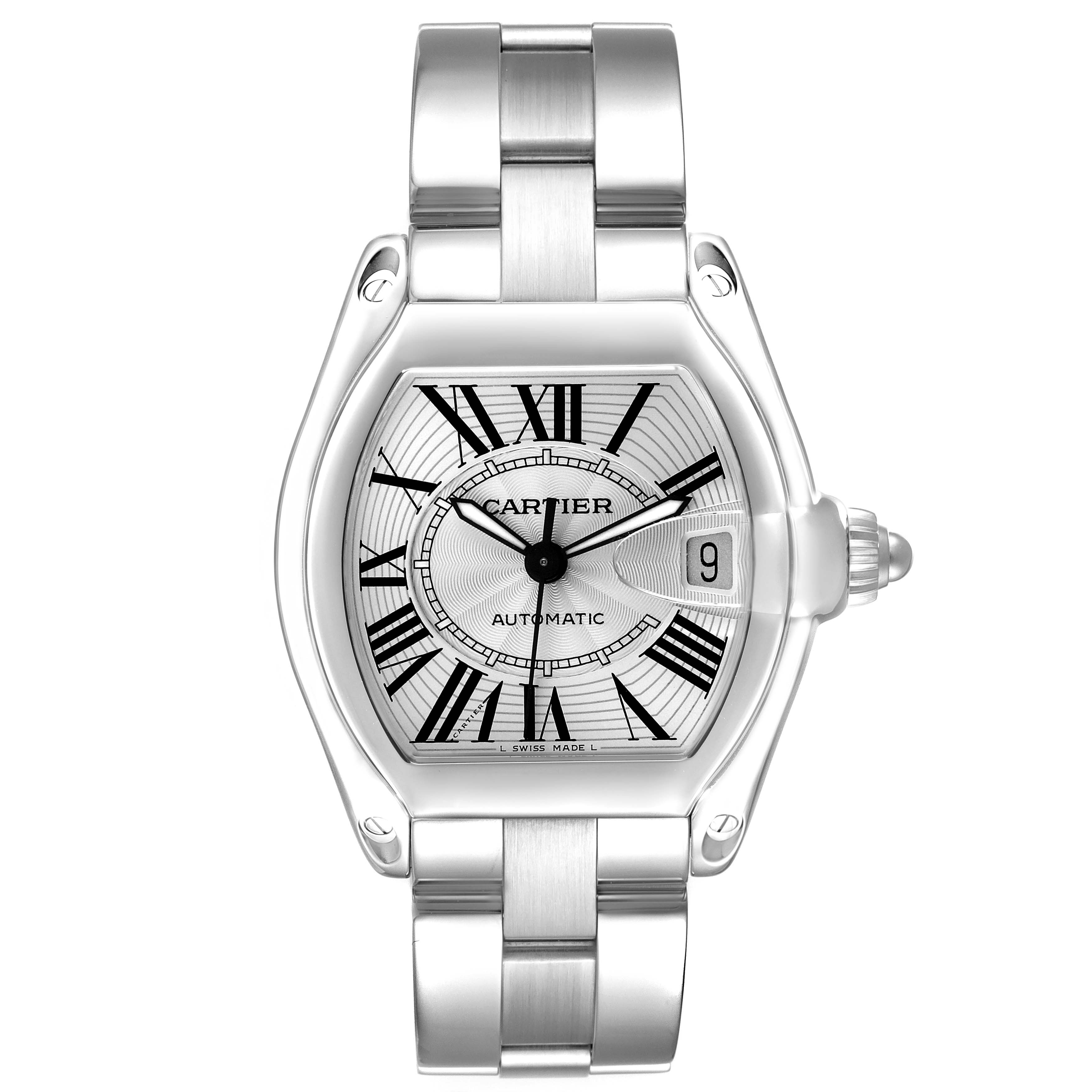 The Cartier Roadster W62025V3 Men's Stainless Steel Silver Dial watch is shown from a front angle, highlighting the dial, case, and a portion of the metal bracelet.