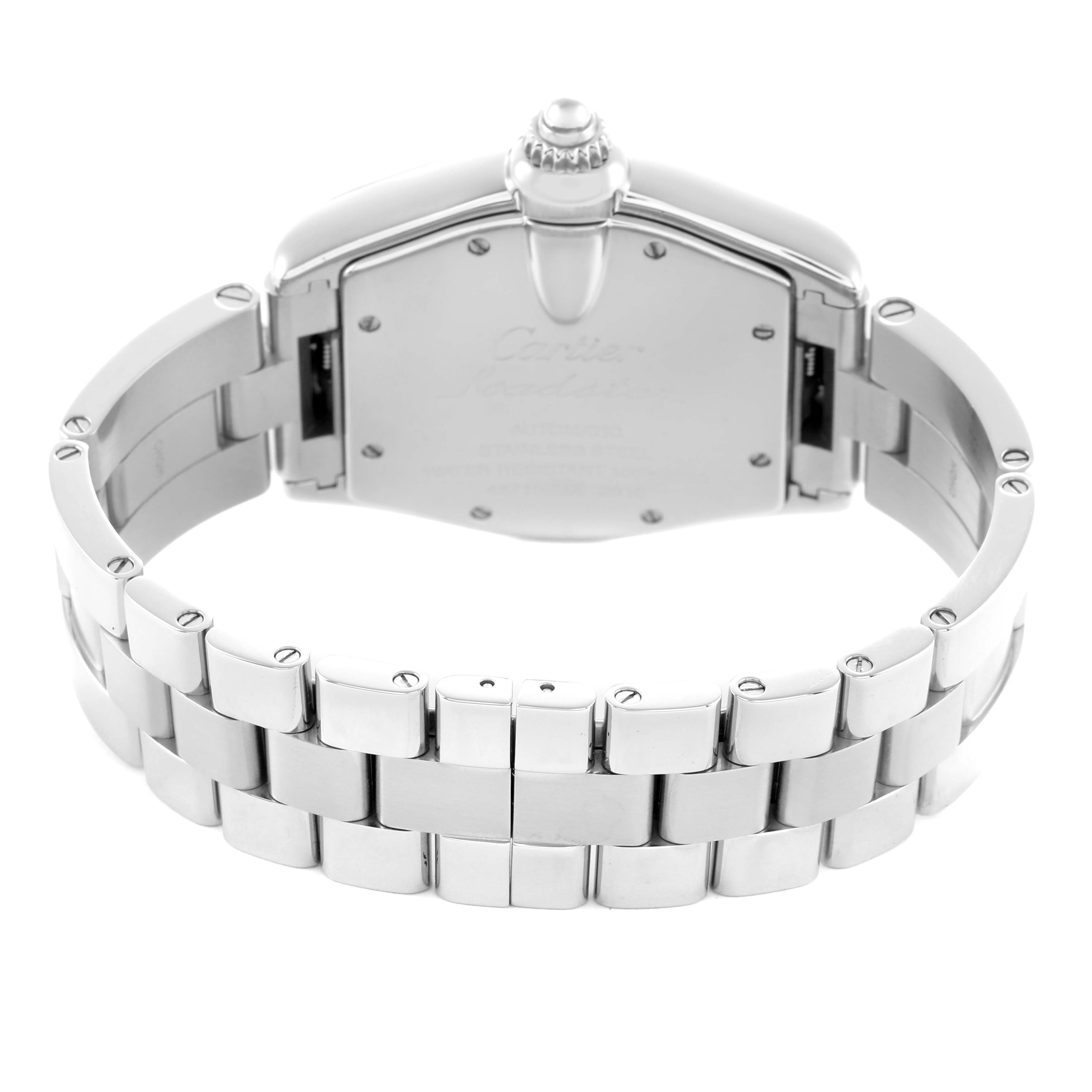 The Cartier Roadster W62025V3 Men's Stainless Steel Silver Dial watch is shown from the back, highlighting the case back and stainless steel bracelet.