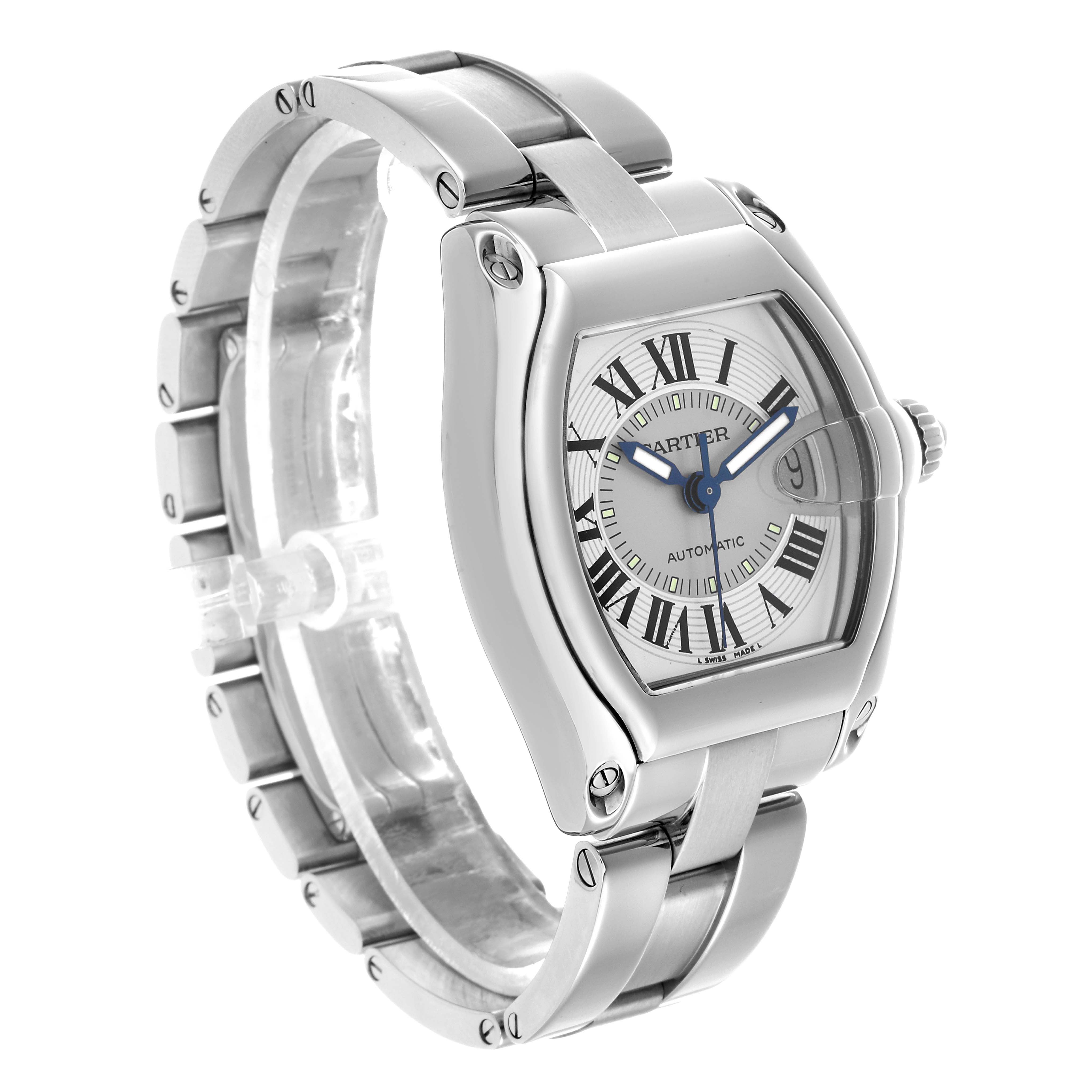 The Cartier Roadster W62025V3 Men's Stainless Steel Silver Dial watch is shown at a slight angle, highlighting the face, case, and part of the bracelet.