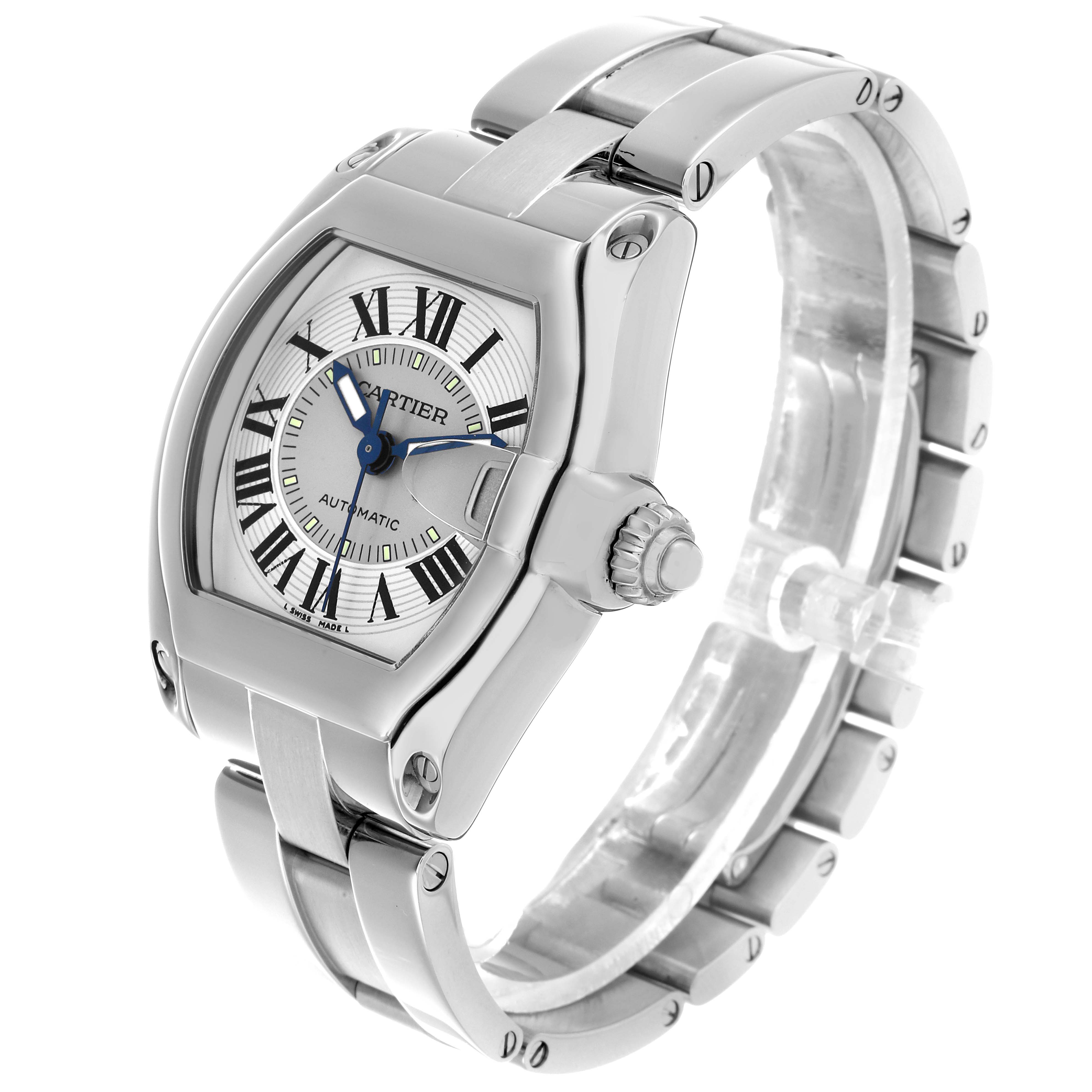 The Cartier Roadster W62025V3 Men's Stainless Steel Silver Dial watch is shown at an angled side view, displaying its dial, crown, and metal bracelet.