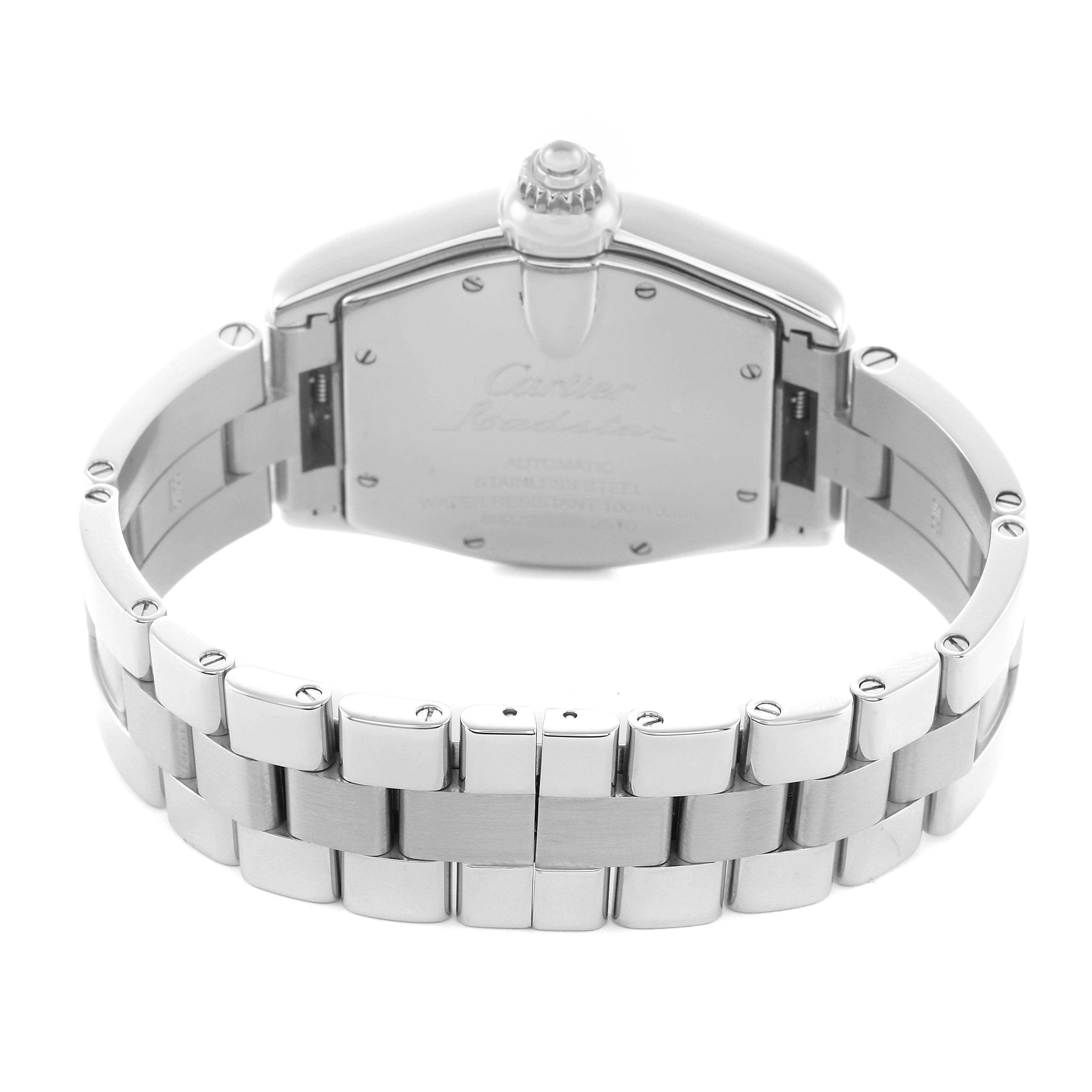 The image shows a rear view of a Cartier Roadster W62025V3 Men's Stainless Steel Silver Dial watch, featuring the bracelet and case back.