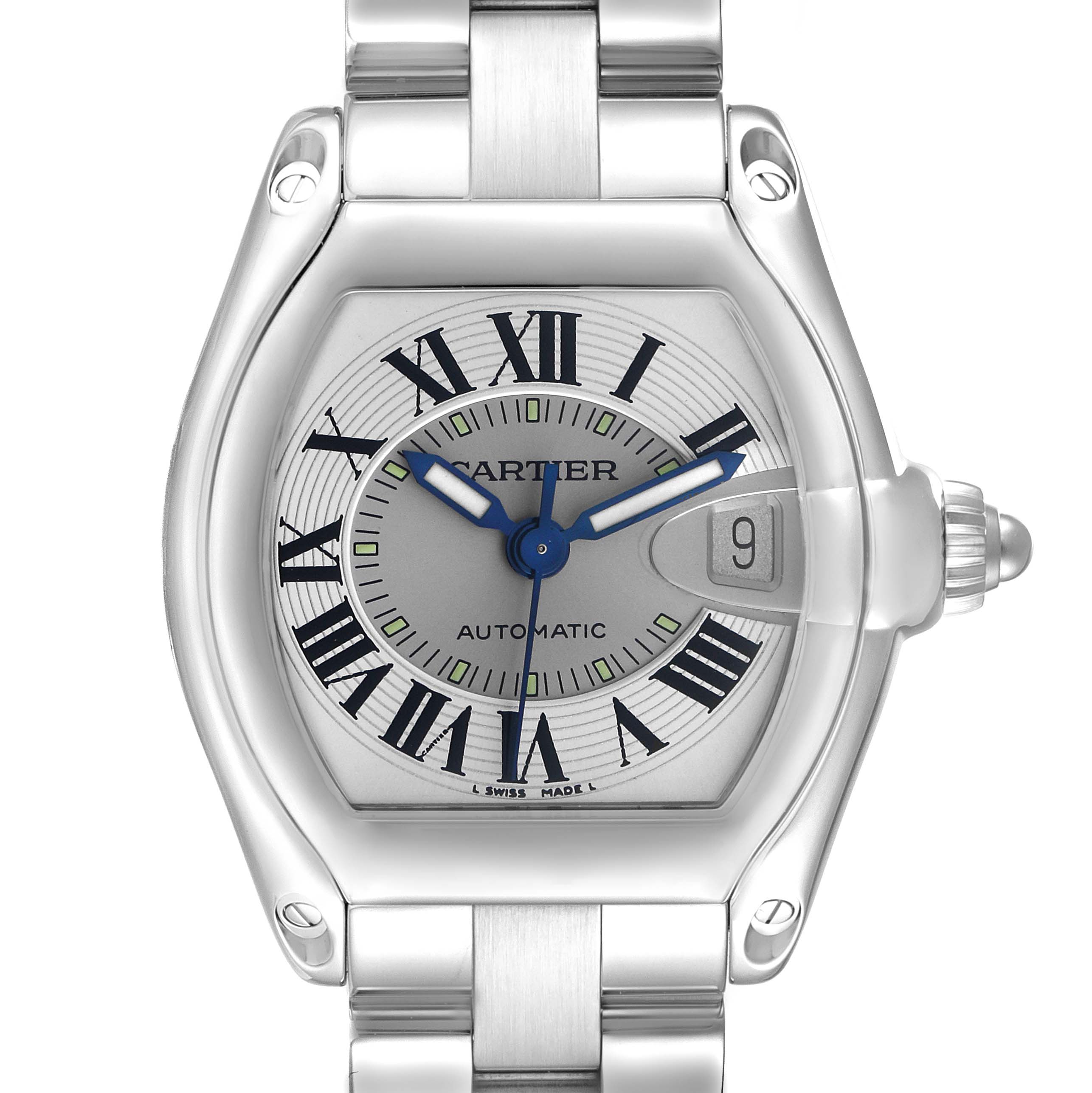 The image shows a frontal view of the Cartier Roadster W62025V3 Men's Stainless Steel Silver Dial watch, highlighting the dial, case, and bracelet.