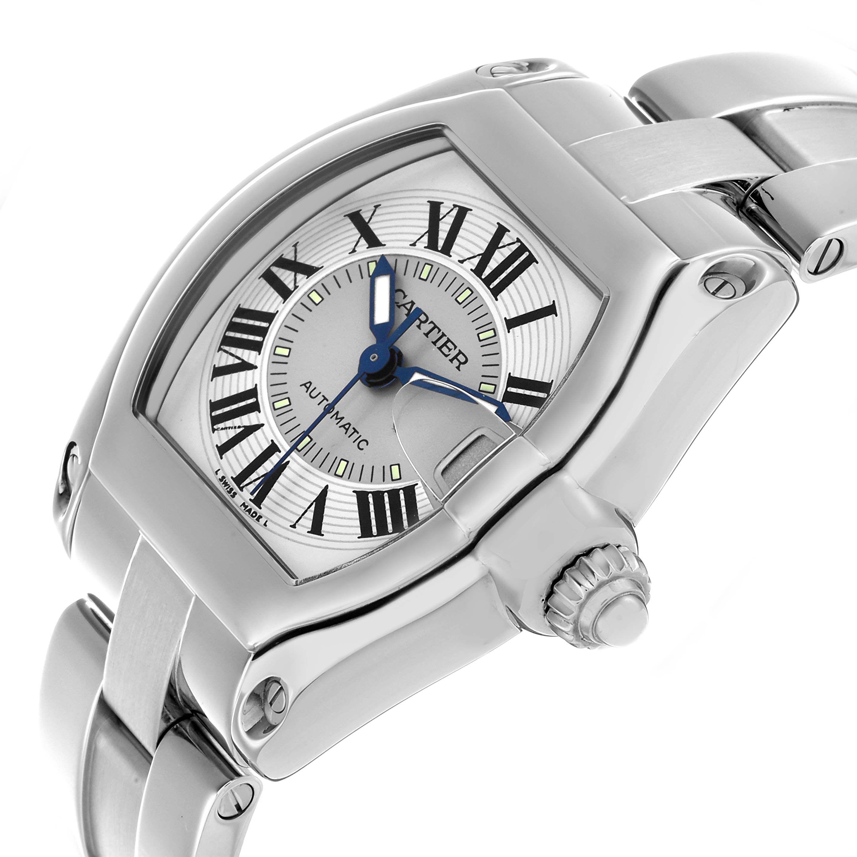 The Cartier Roadster W62025V3 Men's Stainless Steel Silver Dial watch is shown at an angled close-up, highlighting the case, dial, crown, and part of the bracelet.