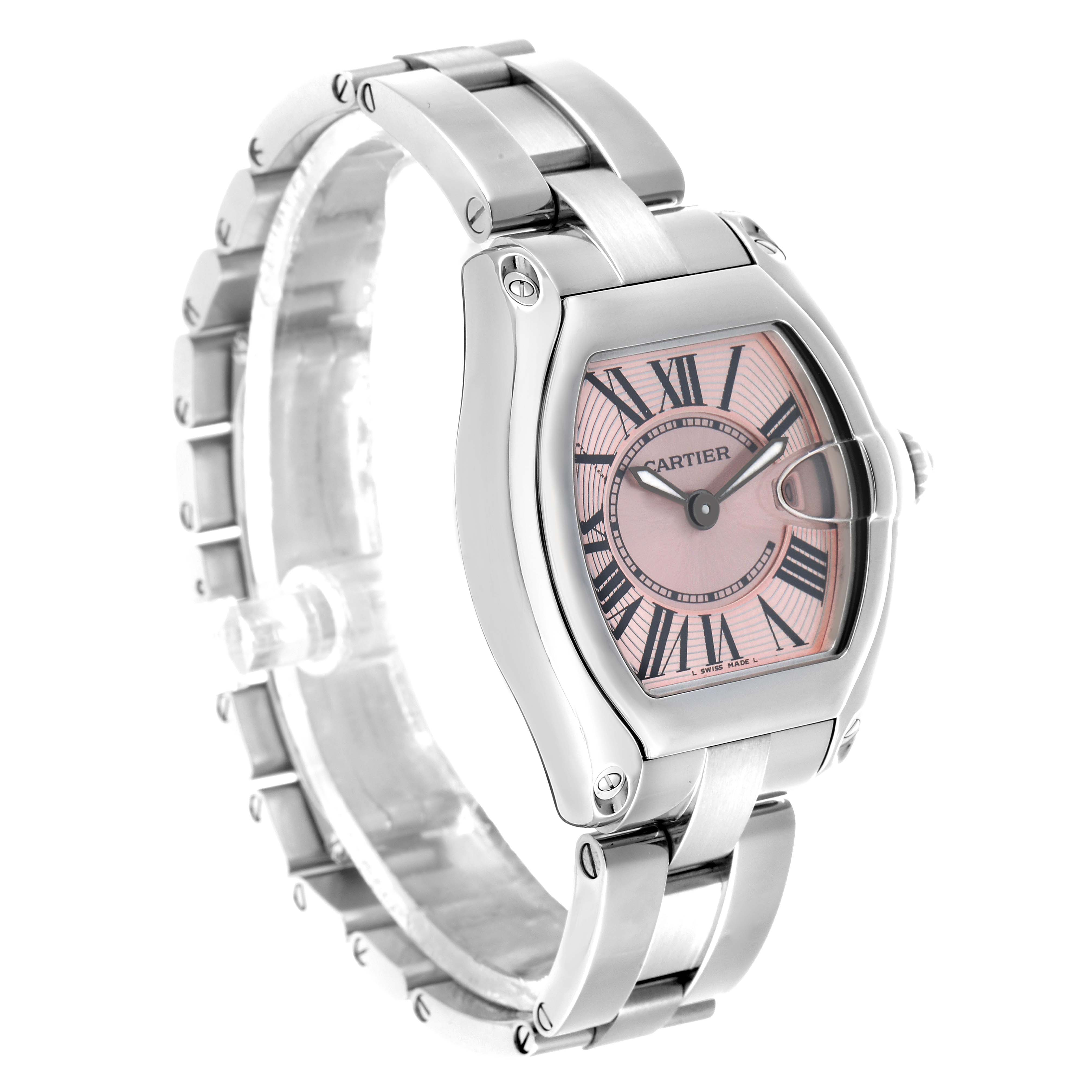 The Cartier Roadster W62017V3 Women's Stainless Steel Pink Dial watch is shown at a slight angle, displaying the case, bracelet, and pink dial with Roman numerals.