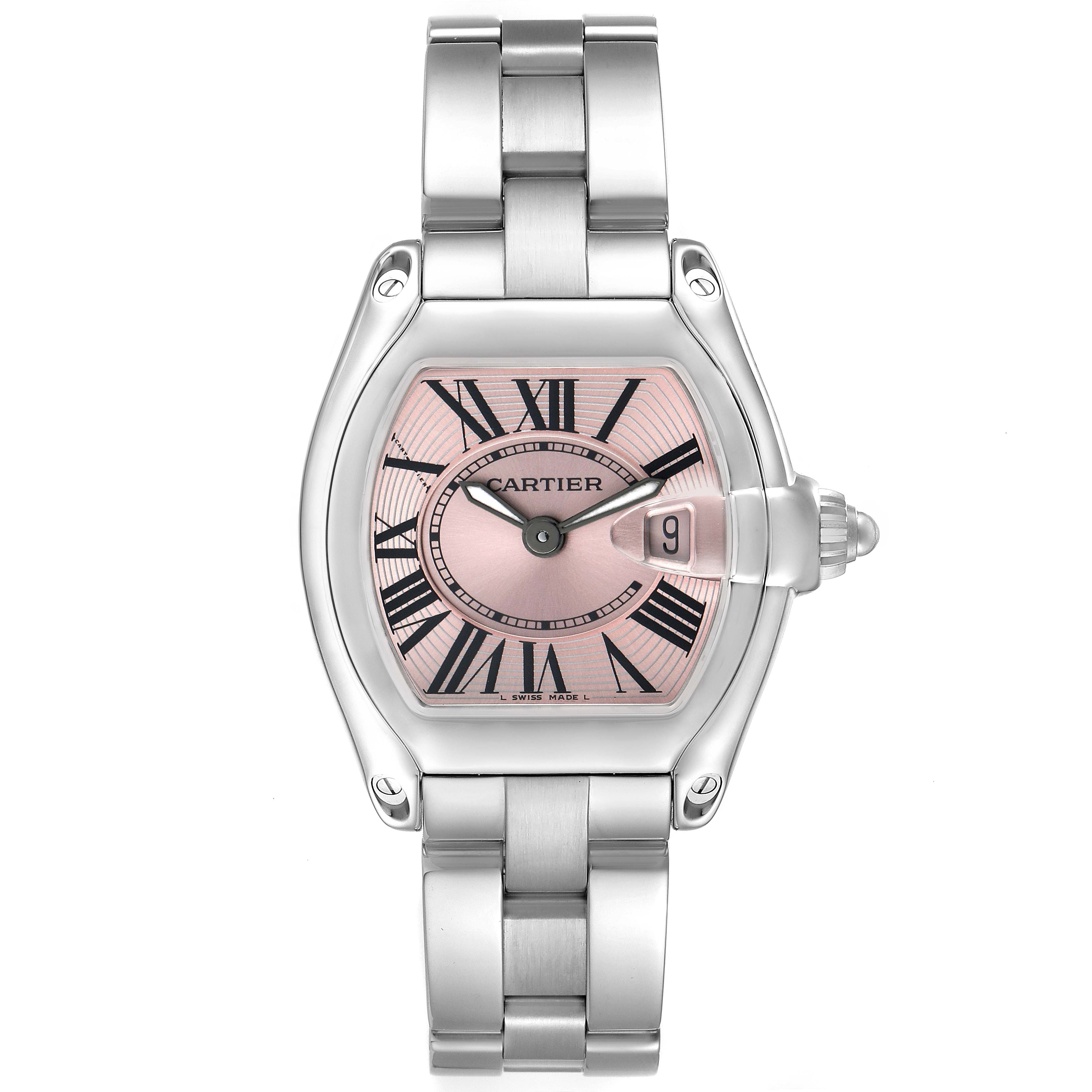 The Cartier Roadster W62017V3 Women's Stainless Steel Pink Dial watch is shown from a front angle, displaying the face, case, bracelet, and visible crown.