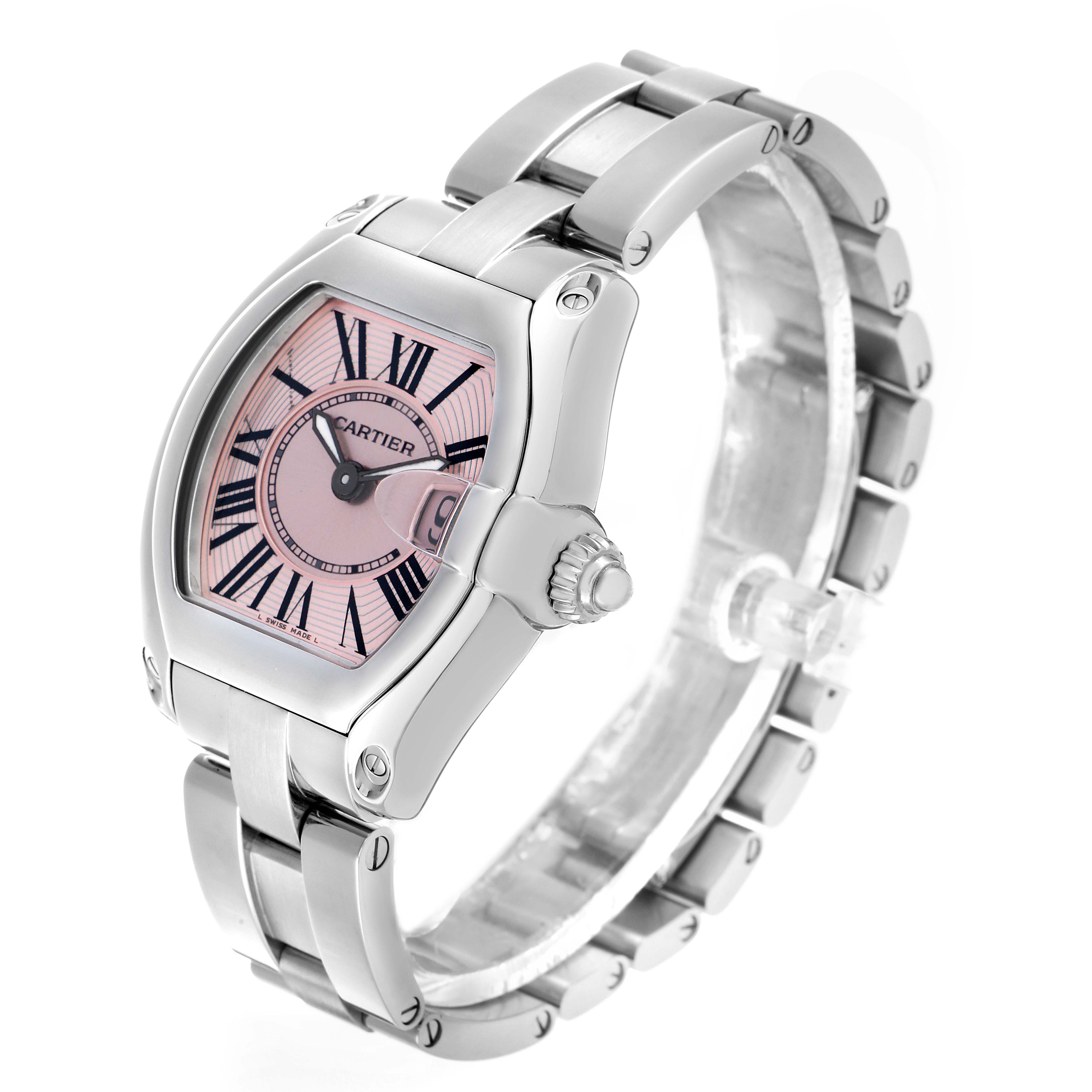 The Cartier Roadster W62017V3 Women's Stainless Steel Pink Dial watch is shown from an angled side view, highlighting the face, bezel, crown, and metal bracelet.
