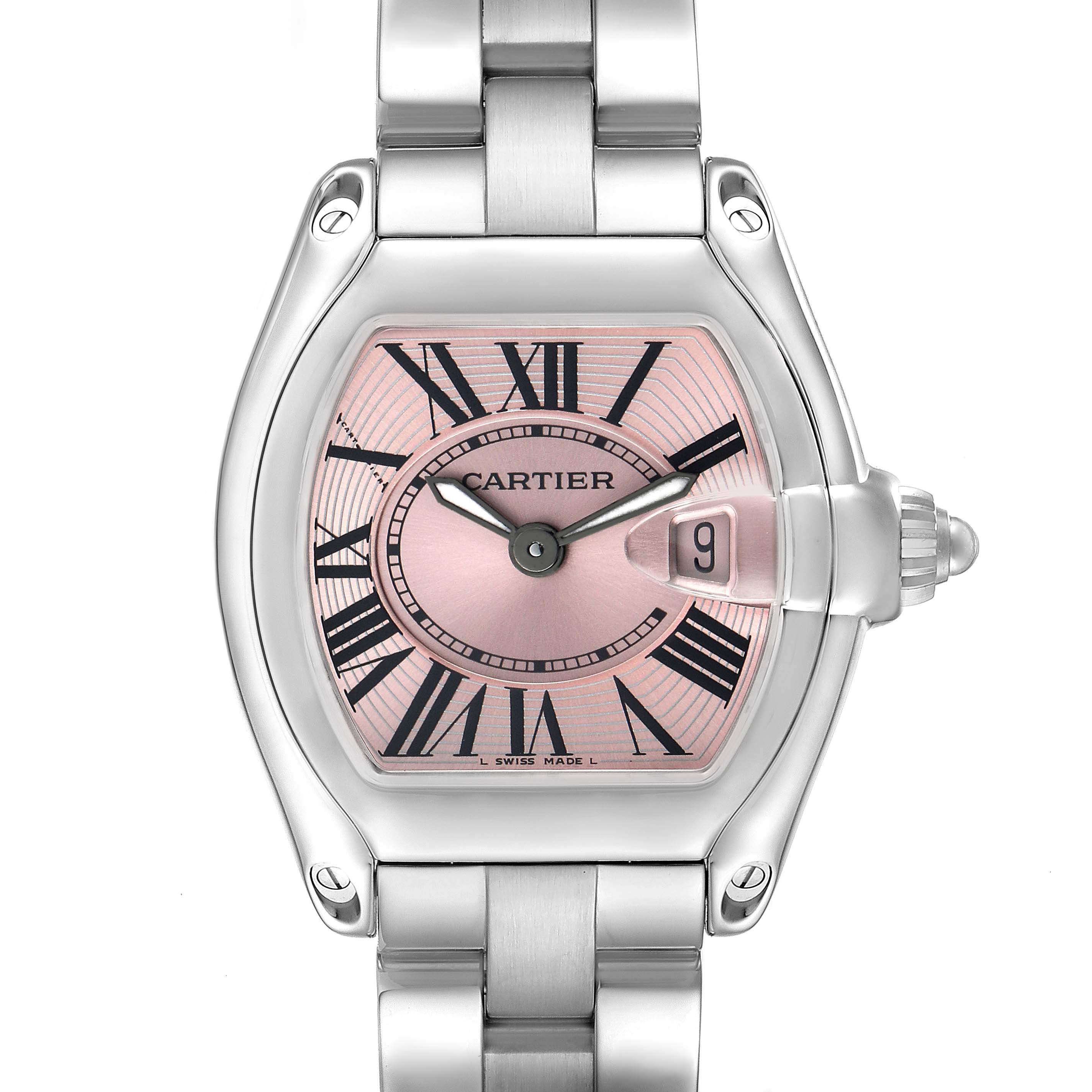 The Cartier Roadster W62017V3 Women's Stainless Steel Pink Dial watch is shown from a frontal angle, highlighting its pink dial, Roman numerals, date window, and metal bracelet.
